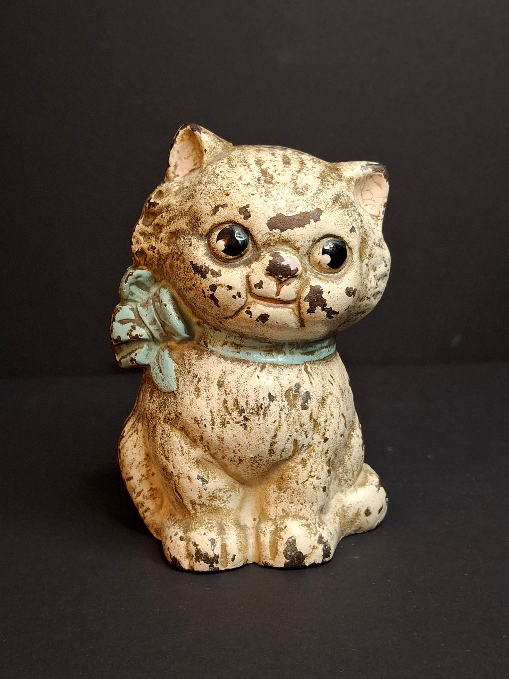 Antique Cast Iron Cat Still Bank Vintage Hubley John Wright Kitty Bow Coin Penny Bank