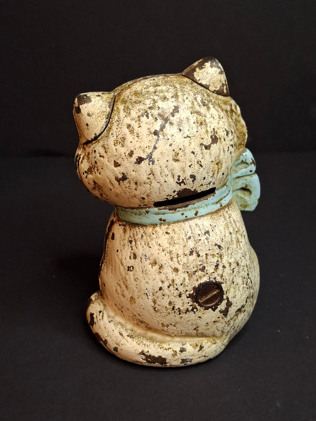 Antique Cast Iron Cat Still Bank Vintage Hubley John Wright Kitty Bow Coin Penny Bank