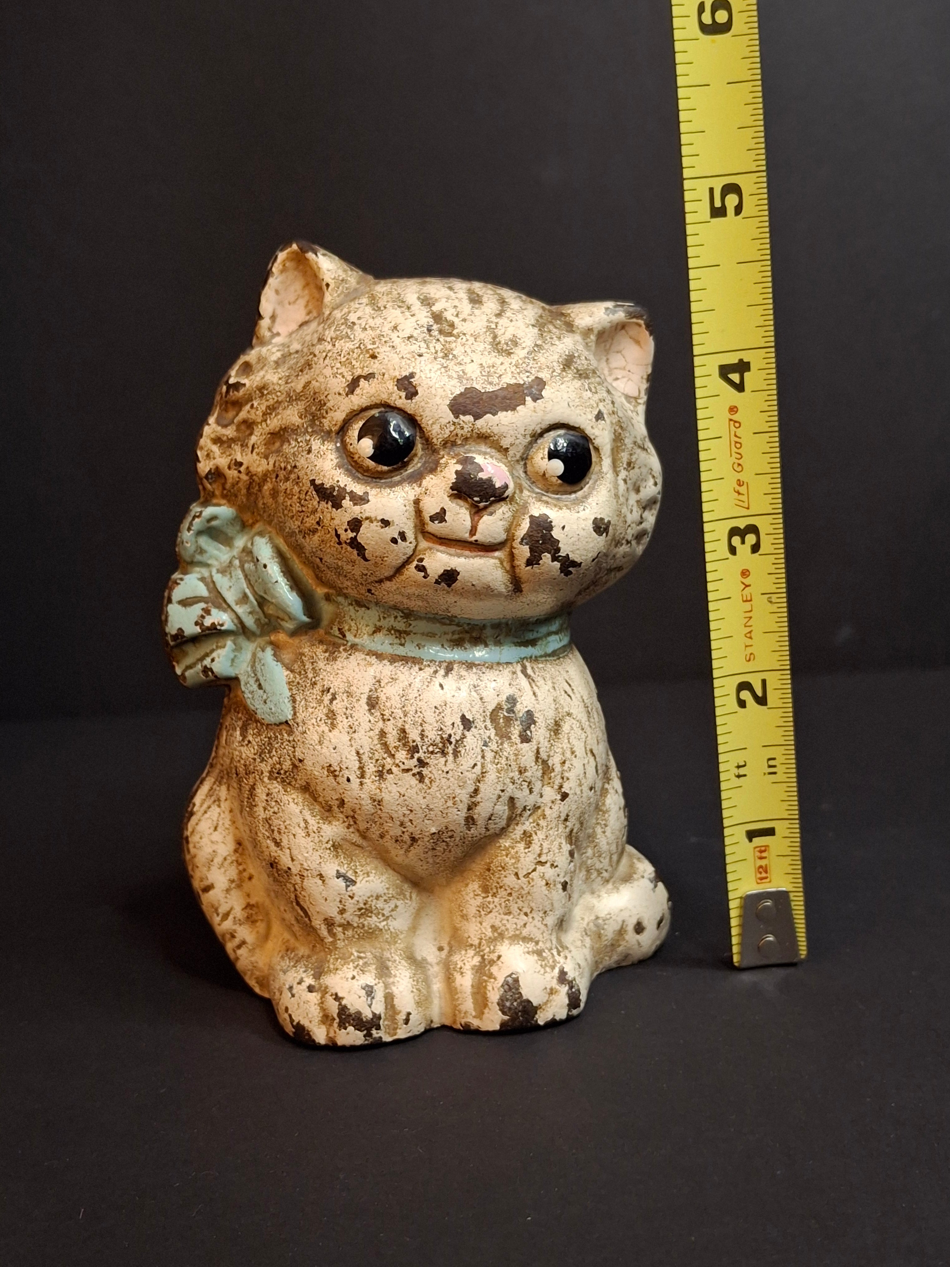 Antique Cast Iron Cat Still Bank Vintage Hubley John Wright Kitty Bow Coin Penny Bank
