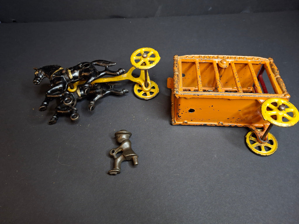 Antique Hubley Cast Iron Royal Circus Bear Cage Wagon Orange 1910 Two Horses Driver