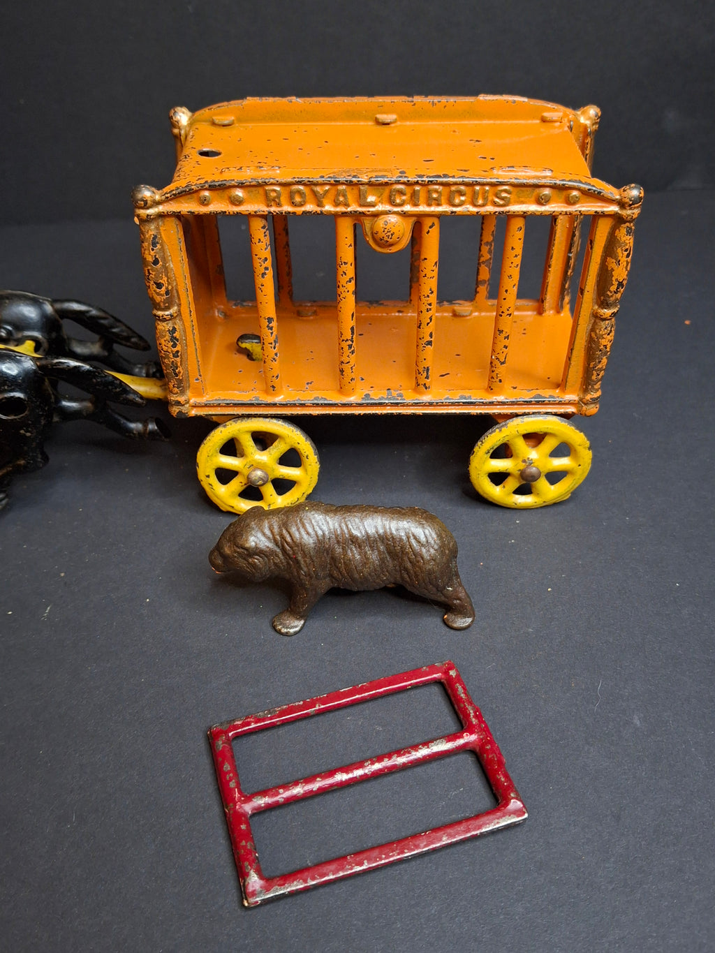 Antique Hubley Cast Iron Royal Circus Bear Cage Wagon Orange 1910 Two Horses Driver