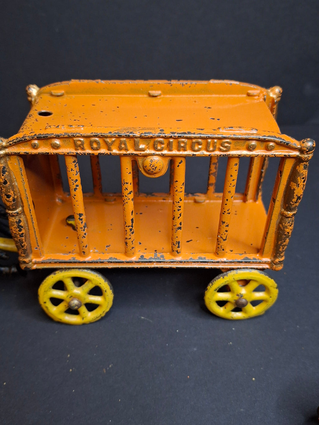 Antique Hubley Cast Iron Royal Circus Bear Cage Wagon Orange 1910 Two Horses Driver