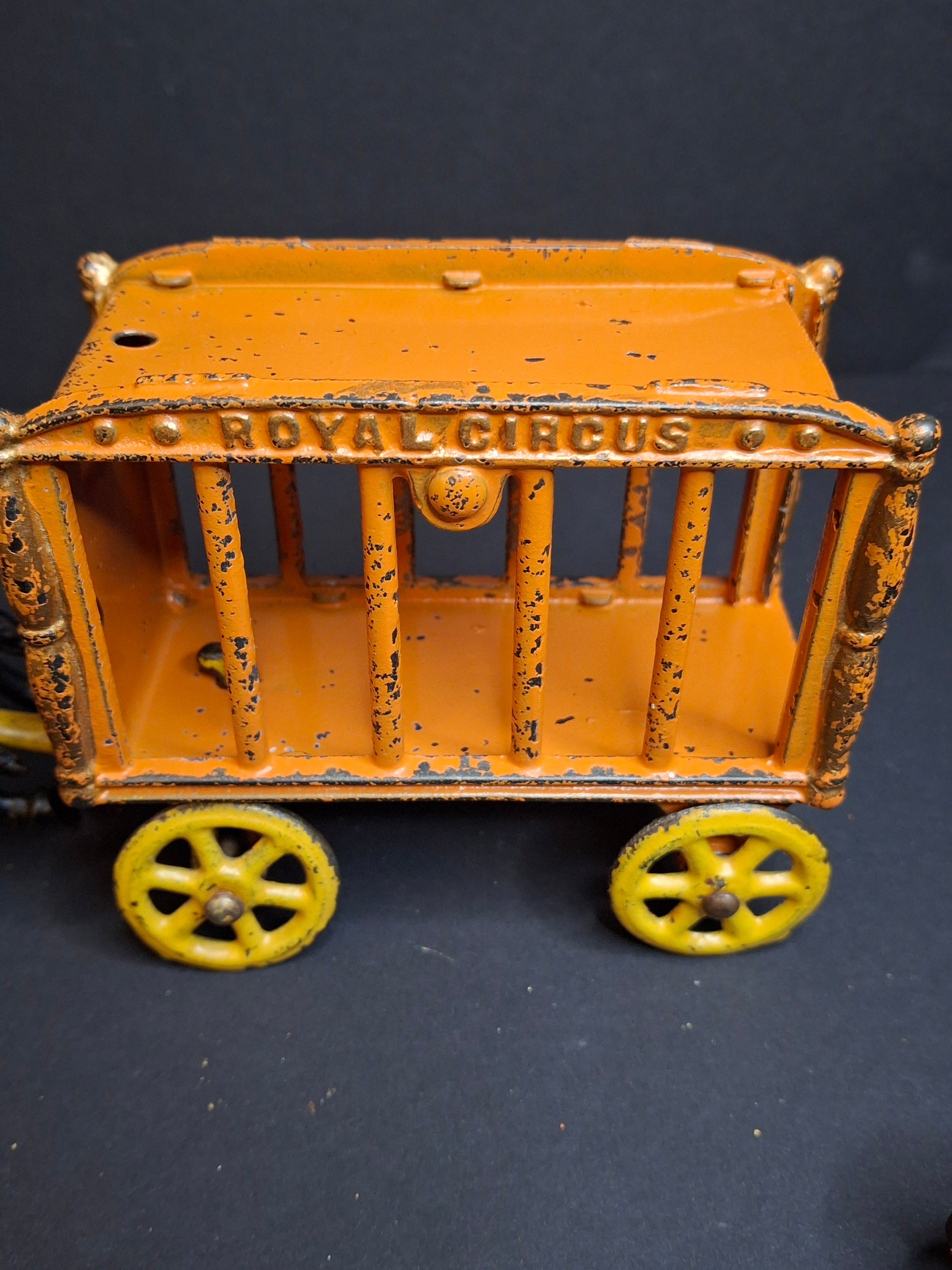 Antique Hubley Cast Iron Royal Circus Bear Cage Wagon Orange 1910 Two Horses Driver
