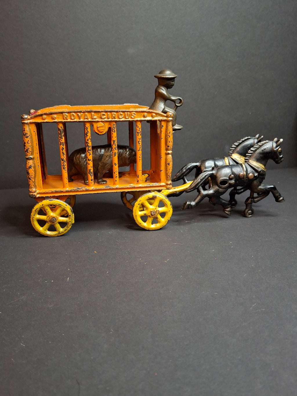 Antique Hubley Cast Iron Royal Circus Bear Cage Wagon Orange 1910 Two Horses Driver
