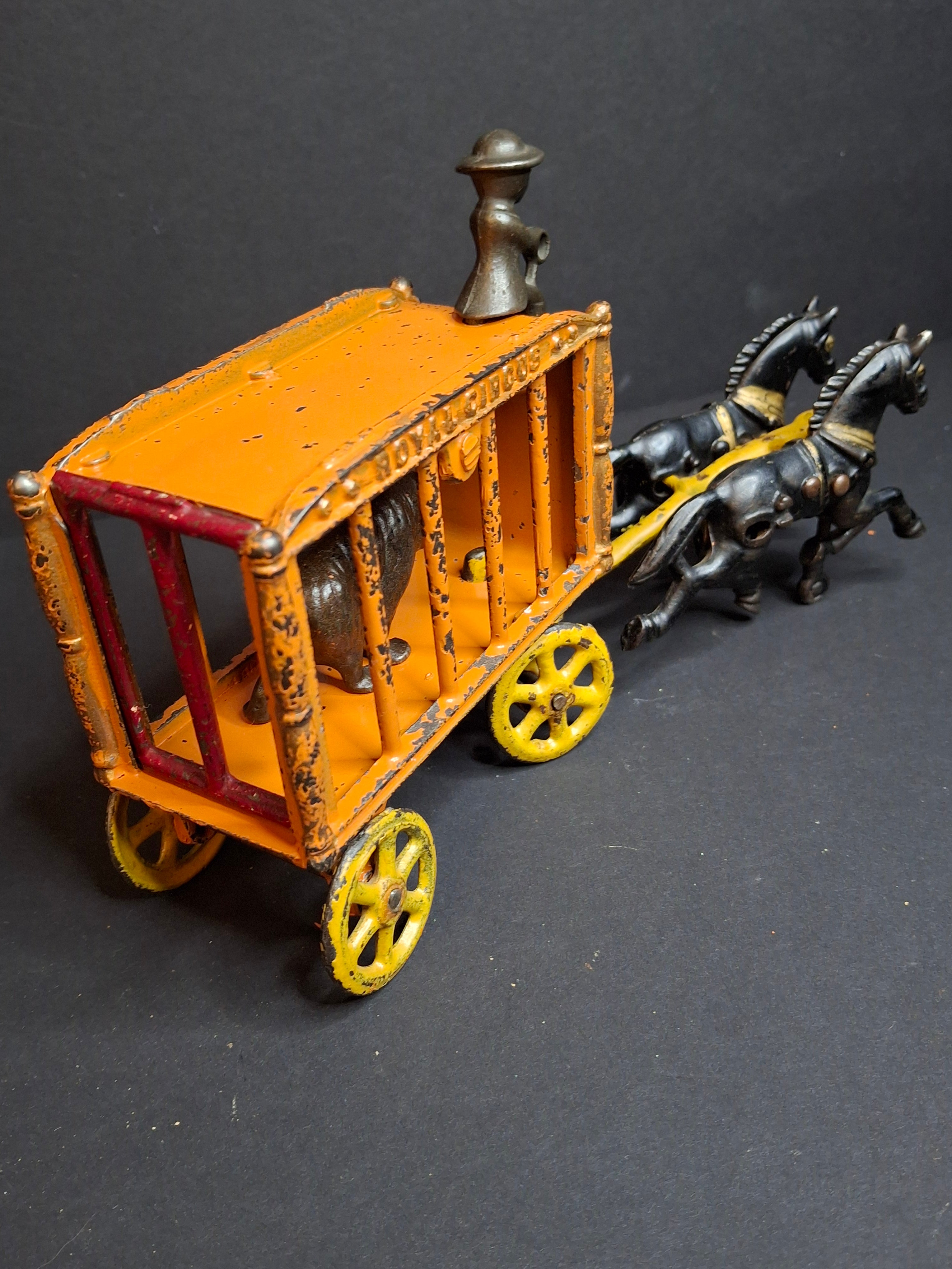 Antique Hubley Cast Iron Royal Circus Bear Cage Wagon Orange 1910 Two Horses Driver