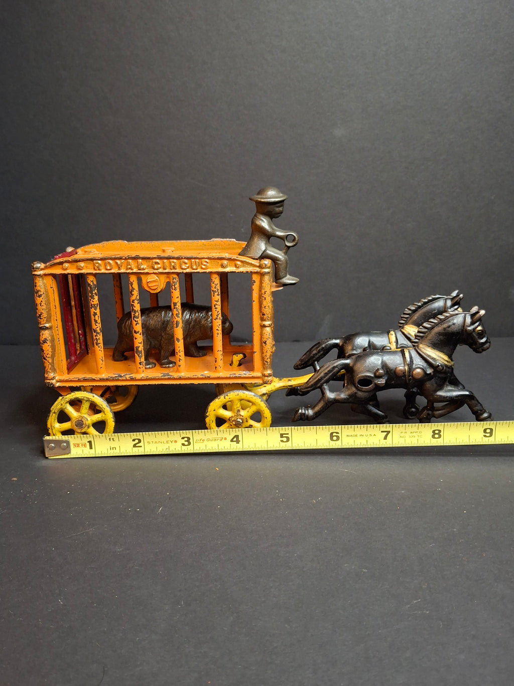 Antique Hubley Cast Iron Royal Circus Bear Cage Wagon Orange 1910 Two Horses Driver