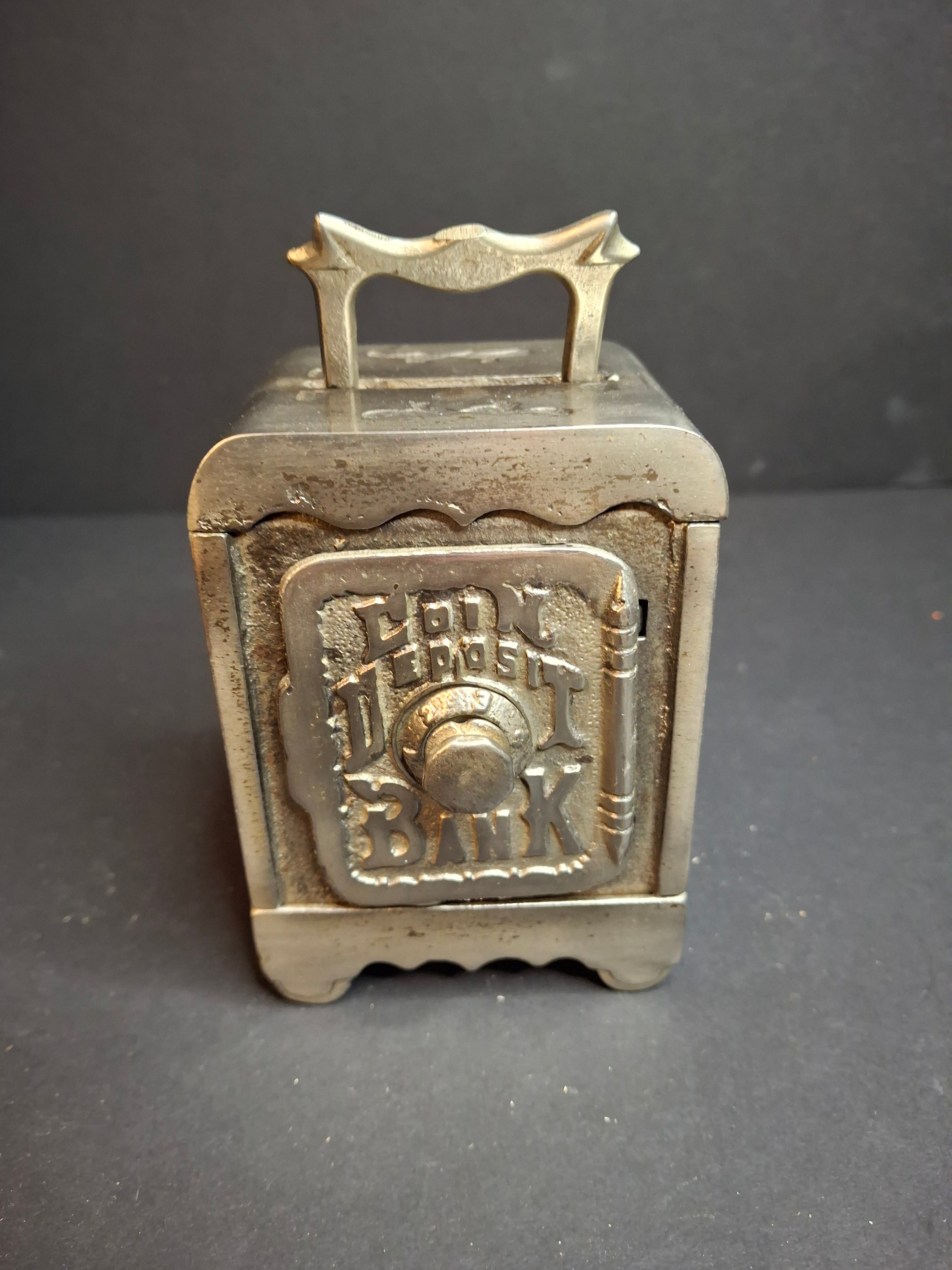 Antique Cast Iron Coin Deposit Bank Safe Still Penny Bank Grey Iron Casting Co. c. 1903