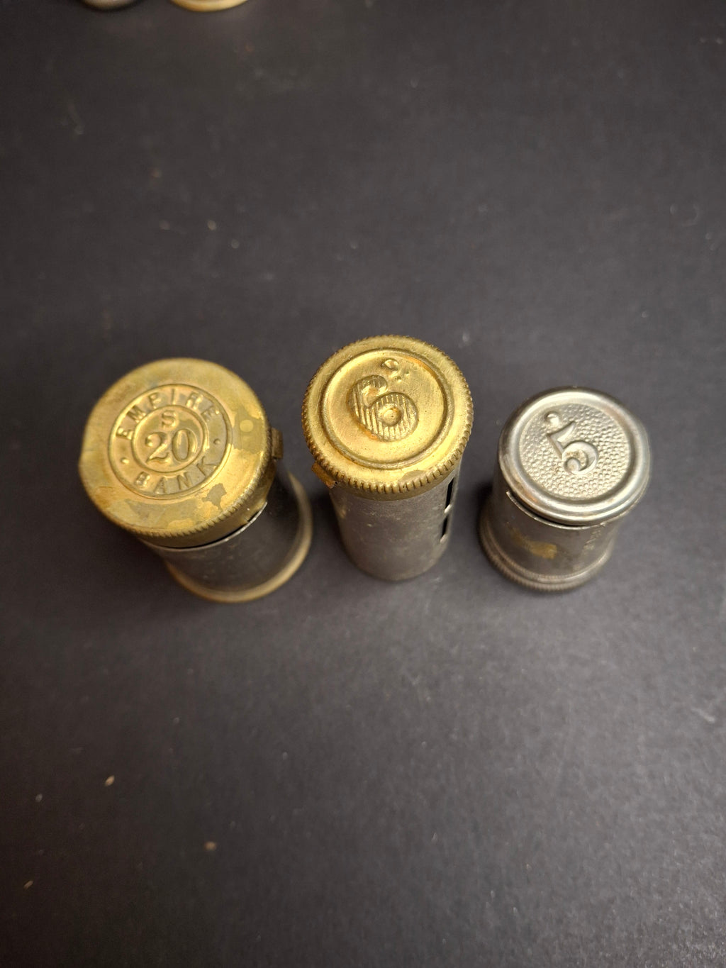 Antique Pocket Bank Trio 1890s B. & R. New York, British Empire Crown Magic 6d Sixpence Shilling Savings Tube Banks Lot