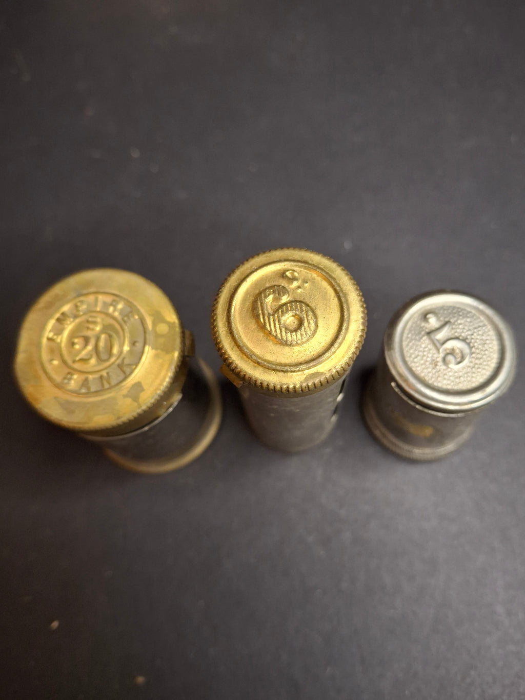 Antique Pocket Bank Trio 1890s B. & R. New York, British Empire Crown Magic 6d Sixpence Shilling Savings Tube Banks Lot