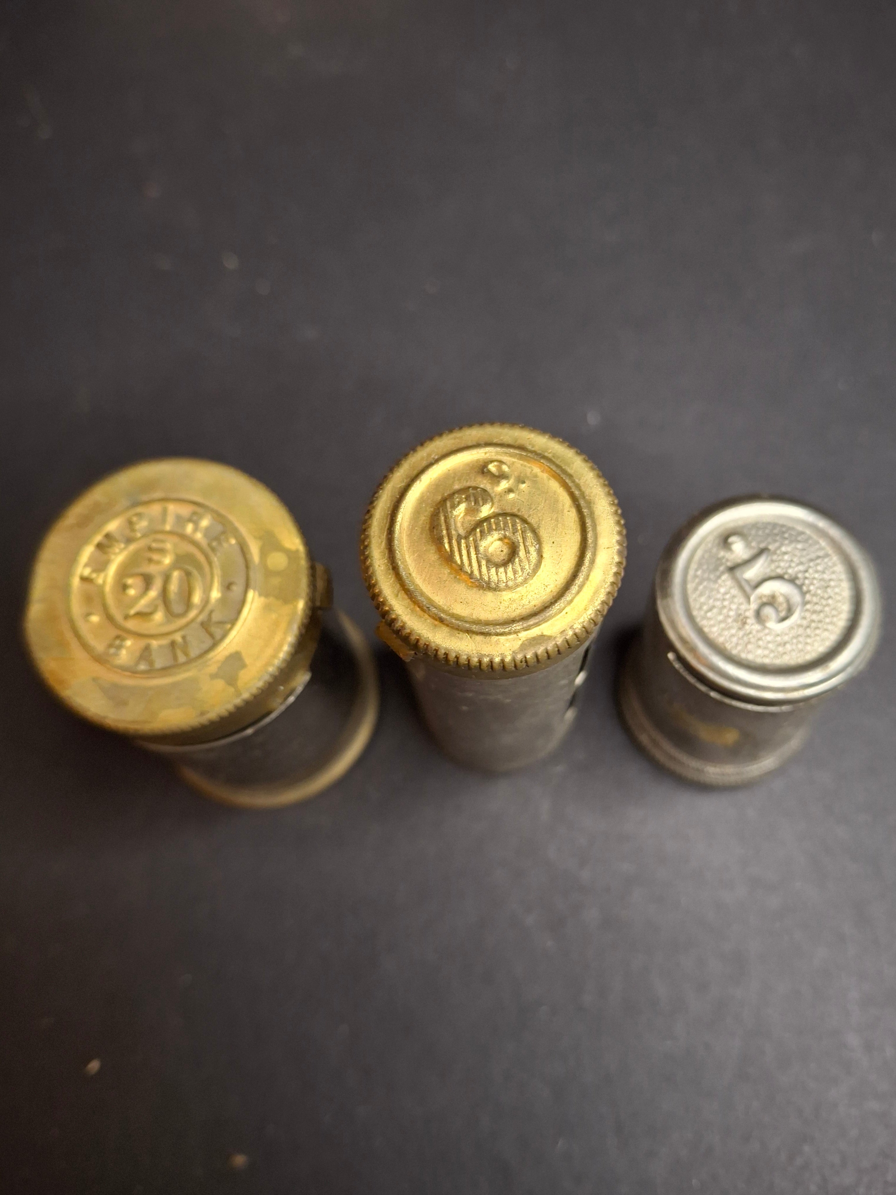 Antique Pocket Bank Trio 1890s B. & R. New York, British Empire Crown Magic 6d Sixpence Shilling Savings Tube Banks Lot