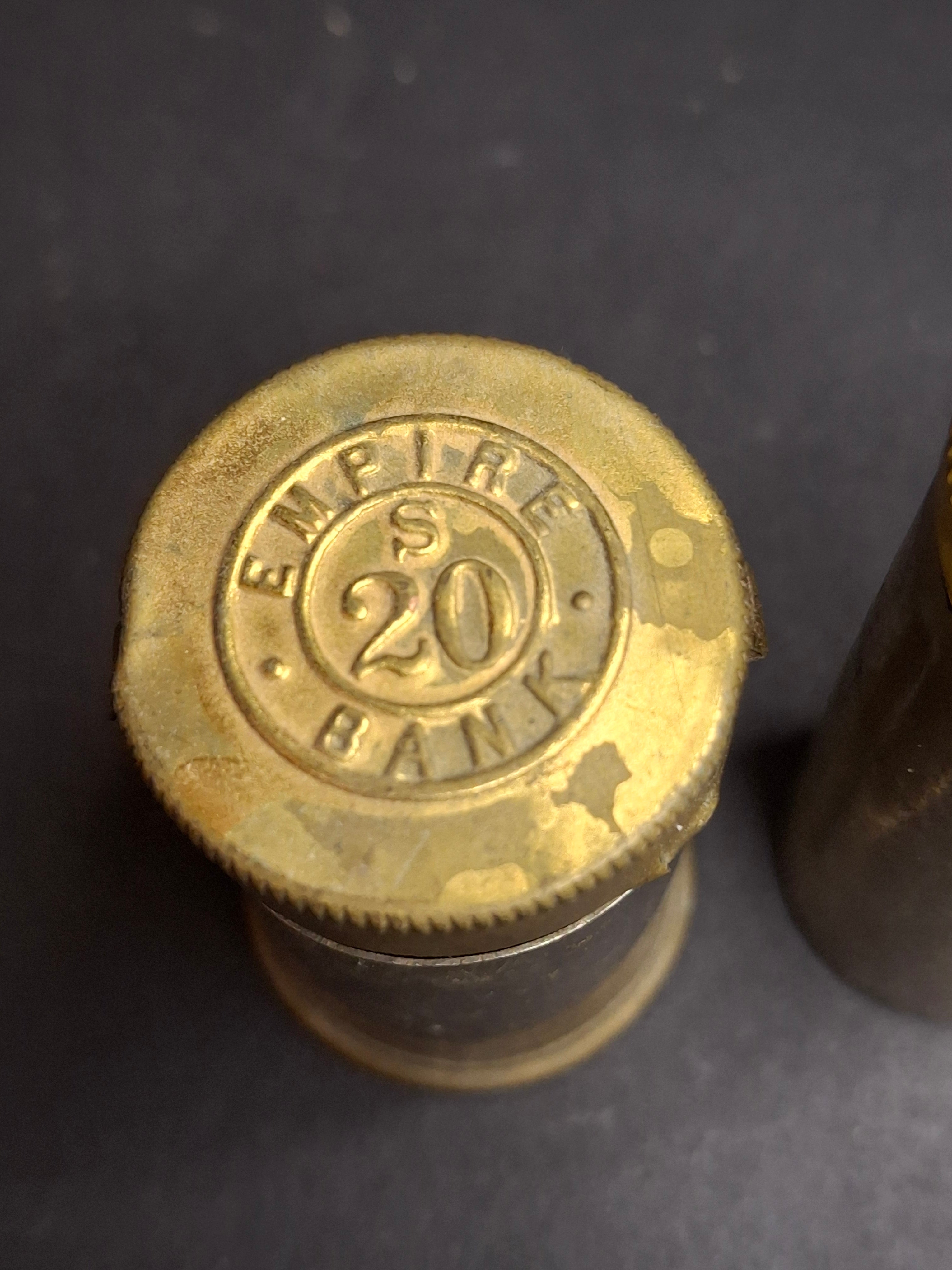 Antique Pocket Bank Trio 1890s B. & R. New York, British Empire Crown Magic 6d Sixpence Shilling Savings Tube Banks Lot