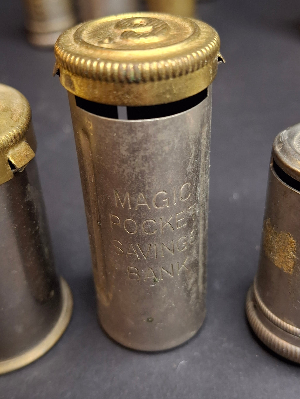 Antique Pocket Bank Trio 1890s B. & R. New York, British Empire Crown Magic 6d Sixpence Shilling Savings Tube Banks Lot