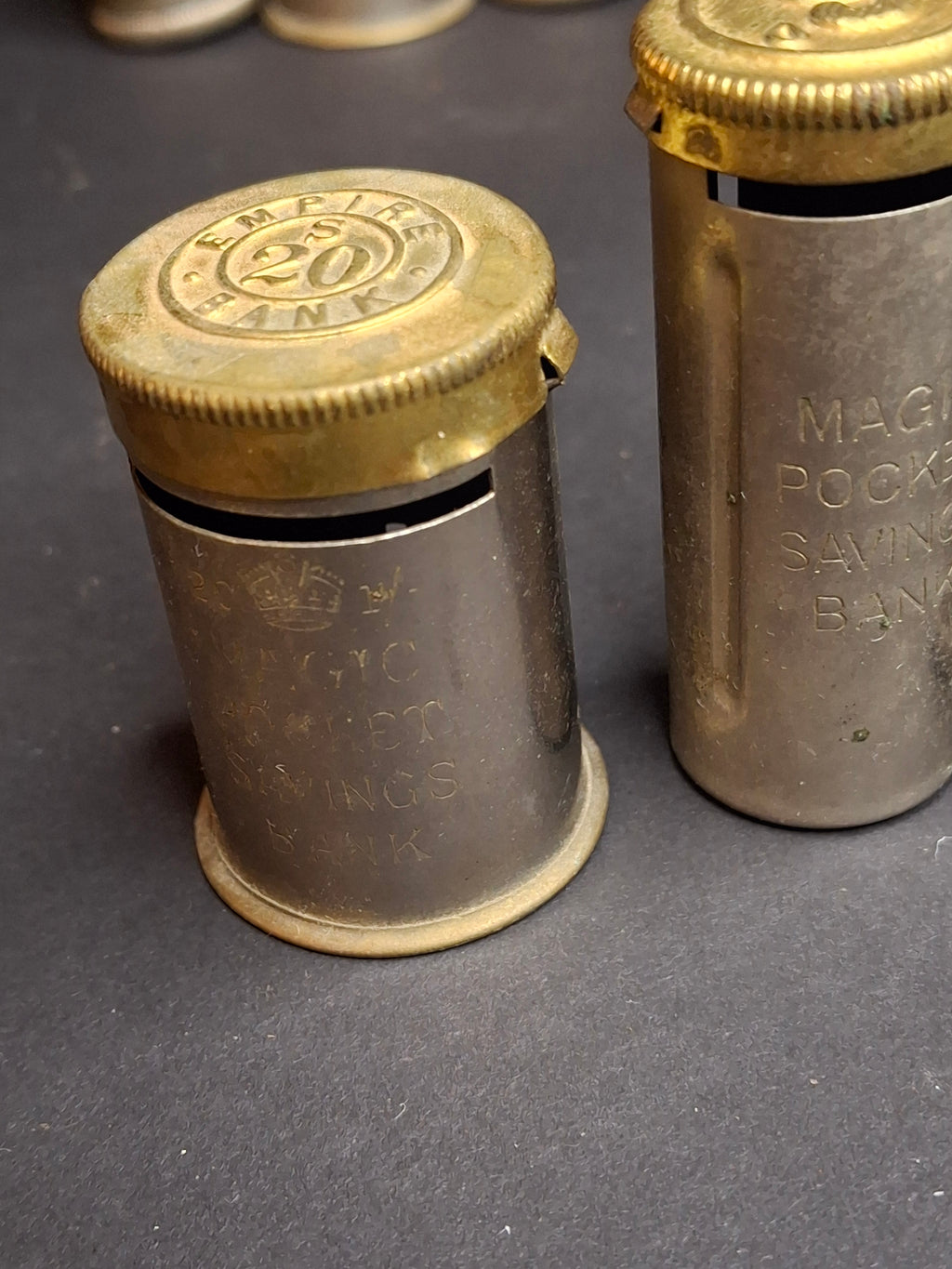 Antique Pocket Bank Trio 1890s B. & R. New York, British Empire Crown Magic 6d Sixpence Shilling Savings Tube Banks Lot