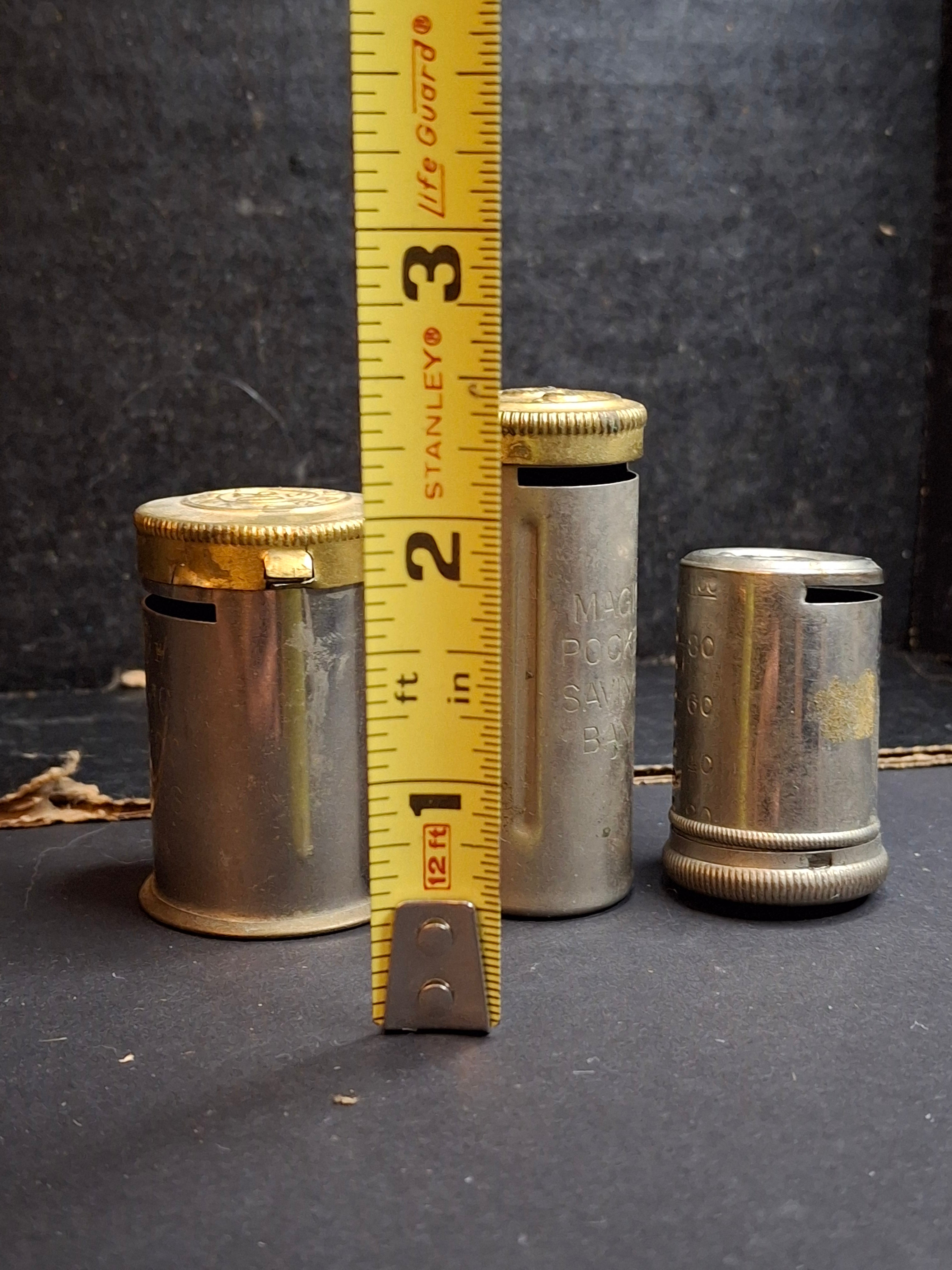 Antique Pocket Bank Trio 1890s B. & R. New York, British Empire Crown Magic 6d Sixpence Shilling Savings Tube Banks Lot