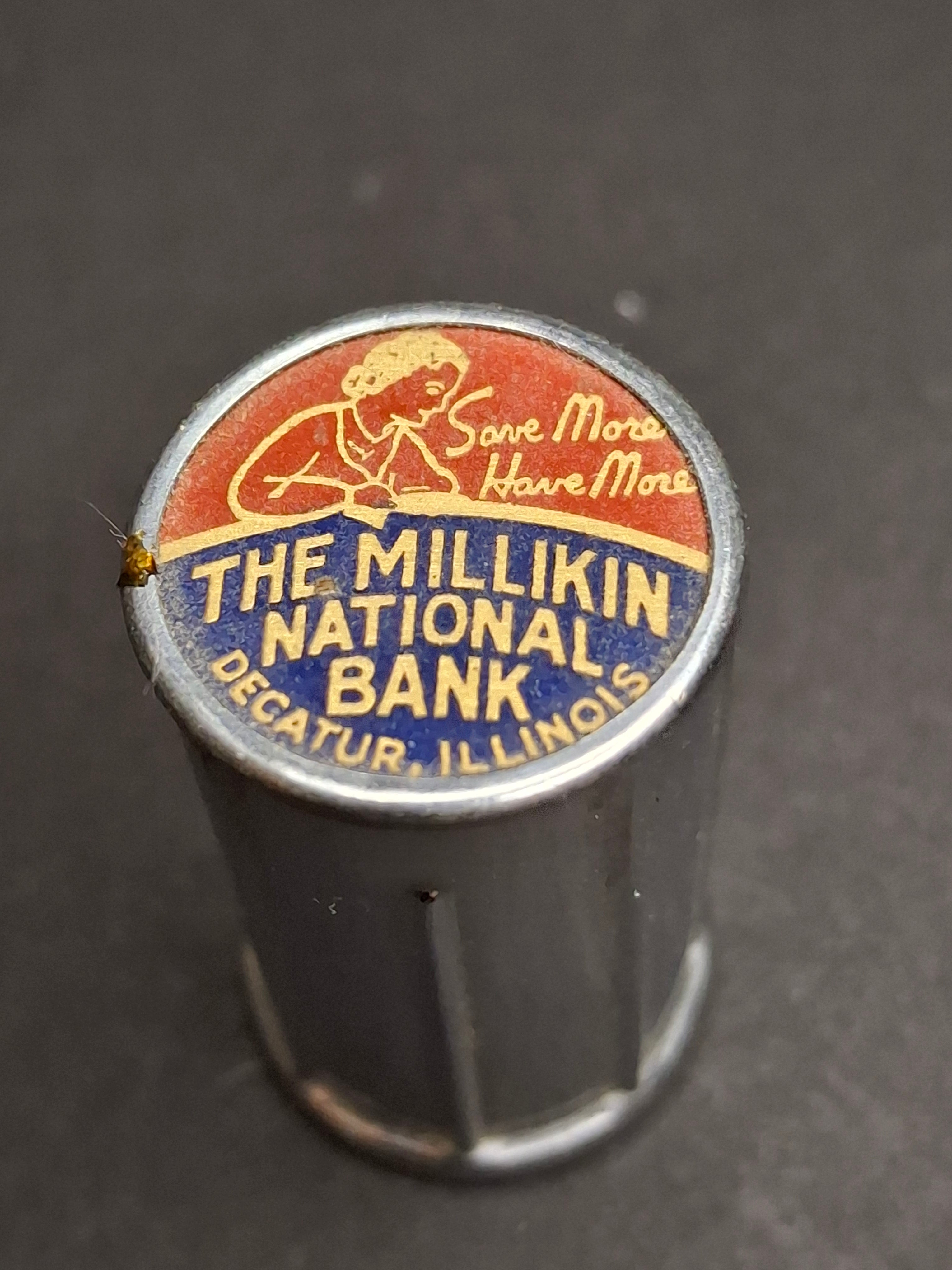Vintage 1930s Chicago Thrift Co Telescoping Pocket Coin Bank Millikin National Bank Decatur IL Advertising Patented