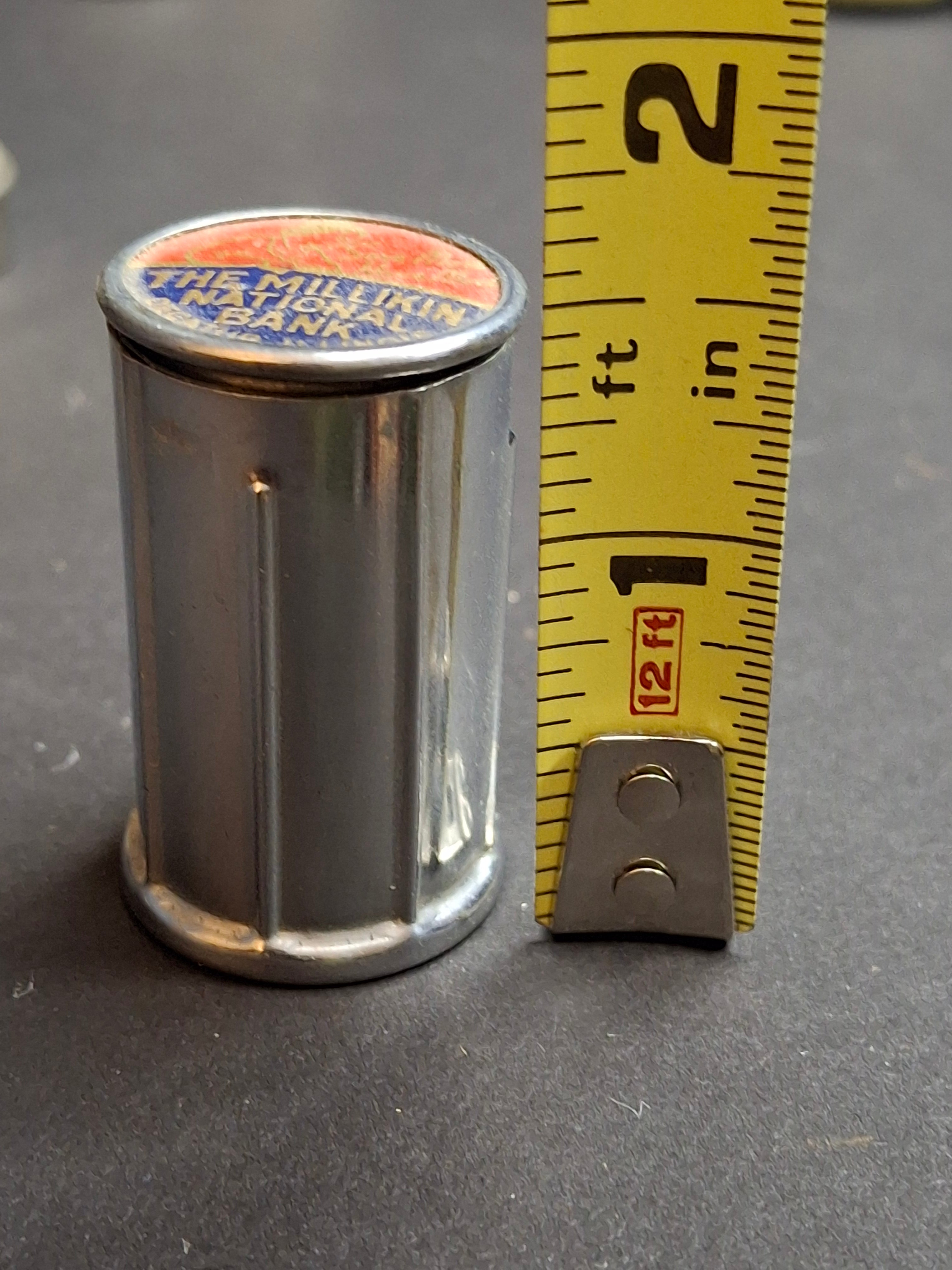Vintage 1930s Chicago Thrift Co Telescoping Pocket Coin Bank Millikin National Bank Decatur IL Advertising Patented