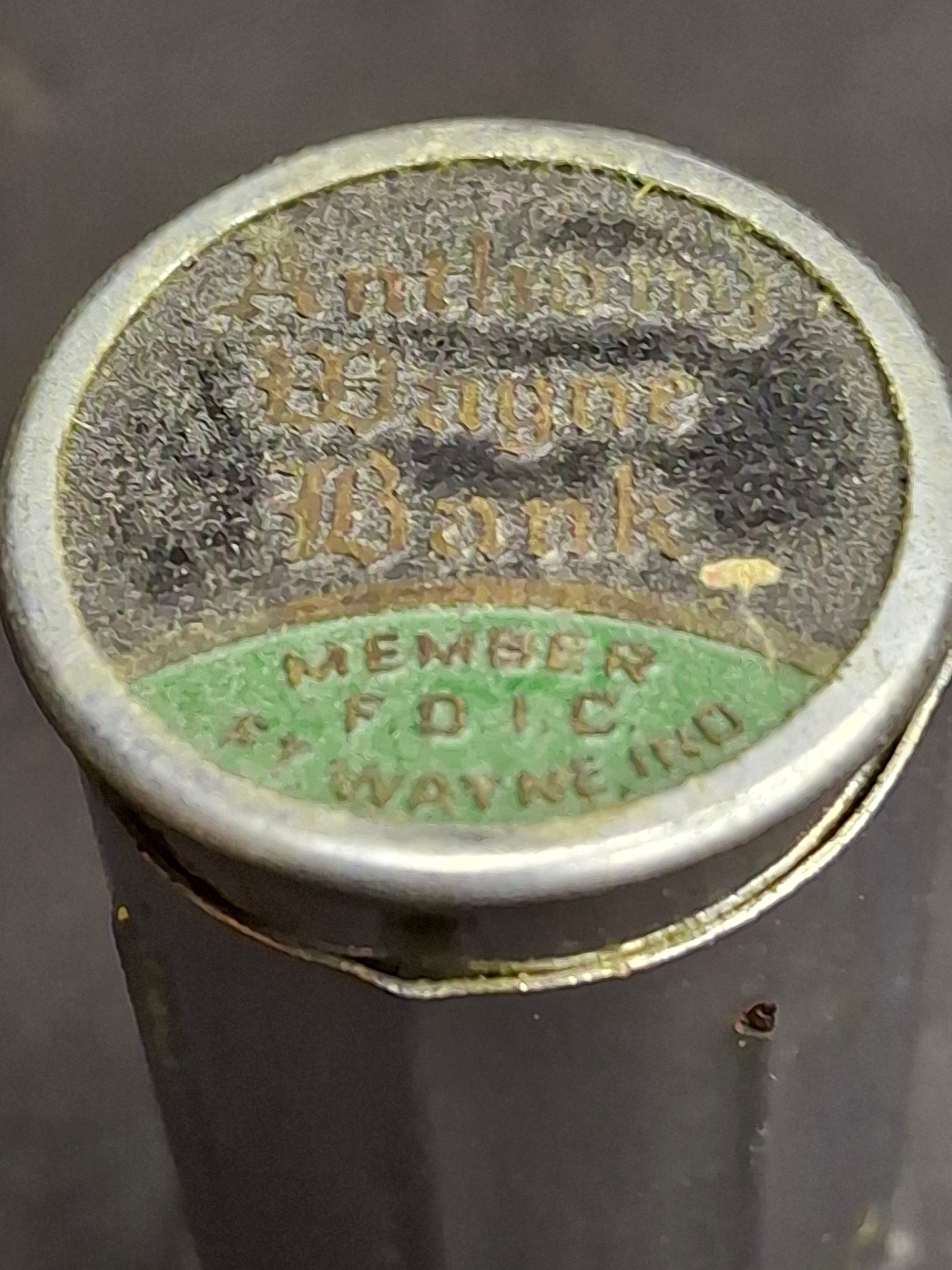Vintage Chicago Thrift Co. Telescoping Pocket Dime Holder Bank – Anthony Wayne Bank Fort Wayne, Indiana Advertising Premium