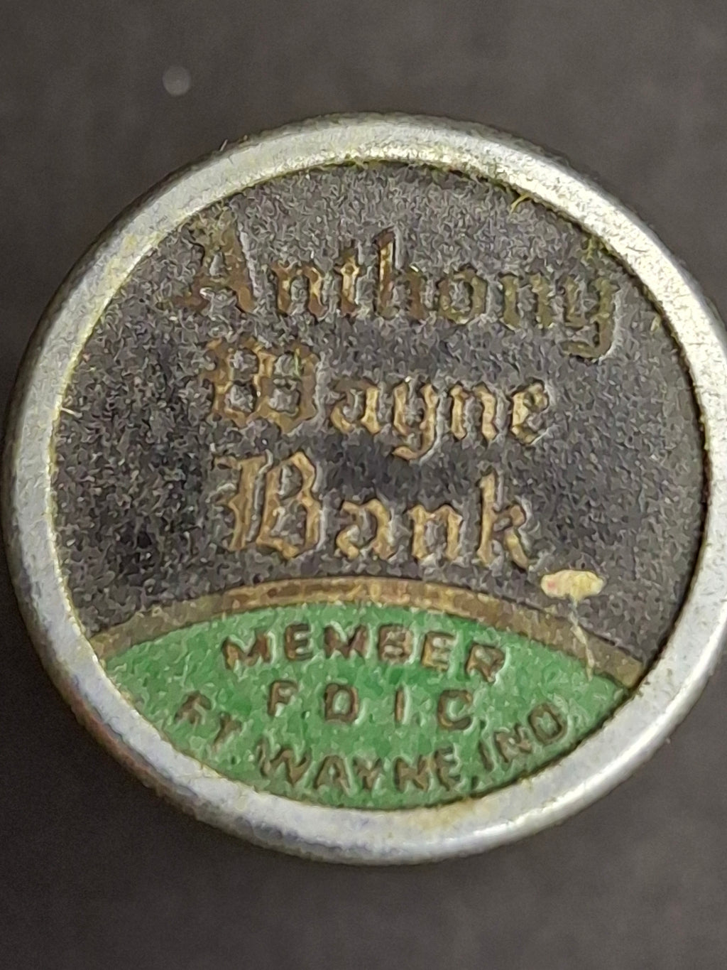 Vintage Chicago Thrift Co. Telescoping Pocket Dime Holder Bank – Anthony Wayne Bank Fort Wayne, Indiana Advertising Premium