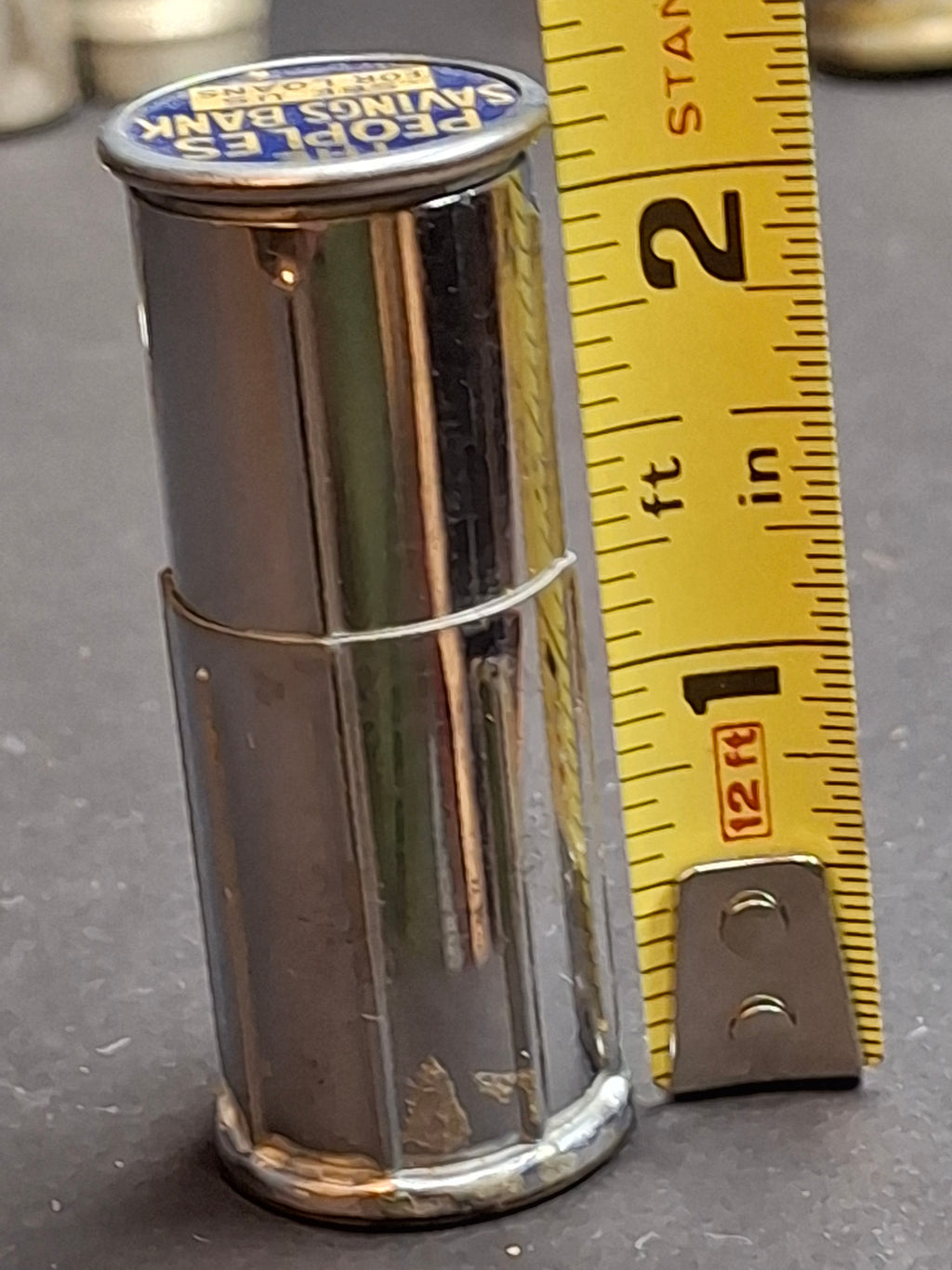 Vintage Chicago Thrift Co. Telescoping Pocket Coin Bank Peoples Savings Bank Promo