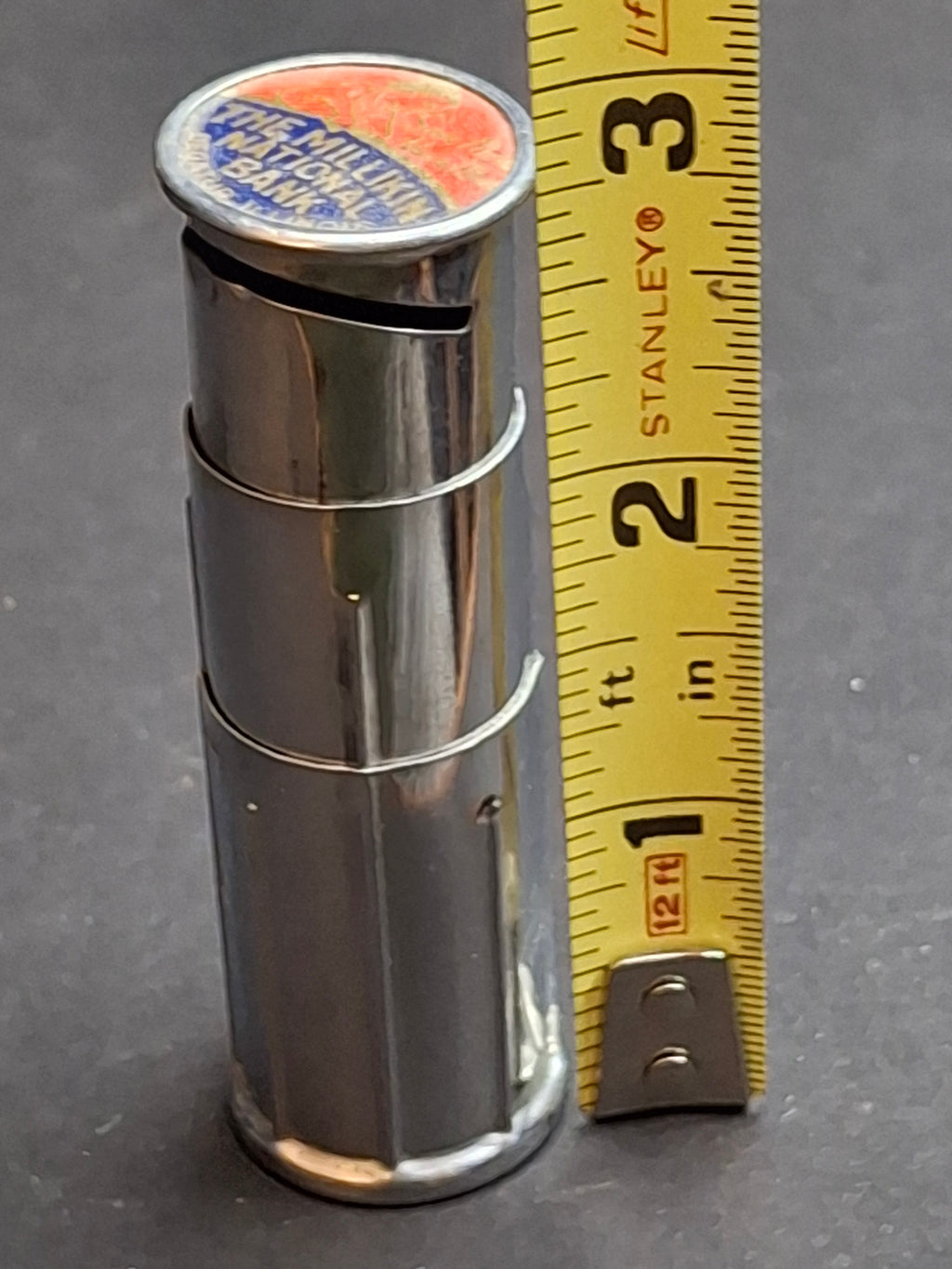Vintage 1930s Chicago Thrift Co Telescoping Pocket Coin Bank Millikin National Bank Decatur IL Advertising Patented