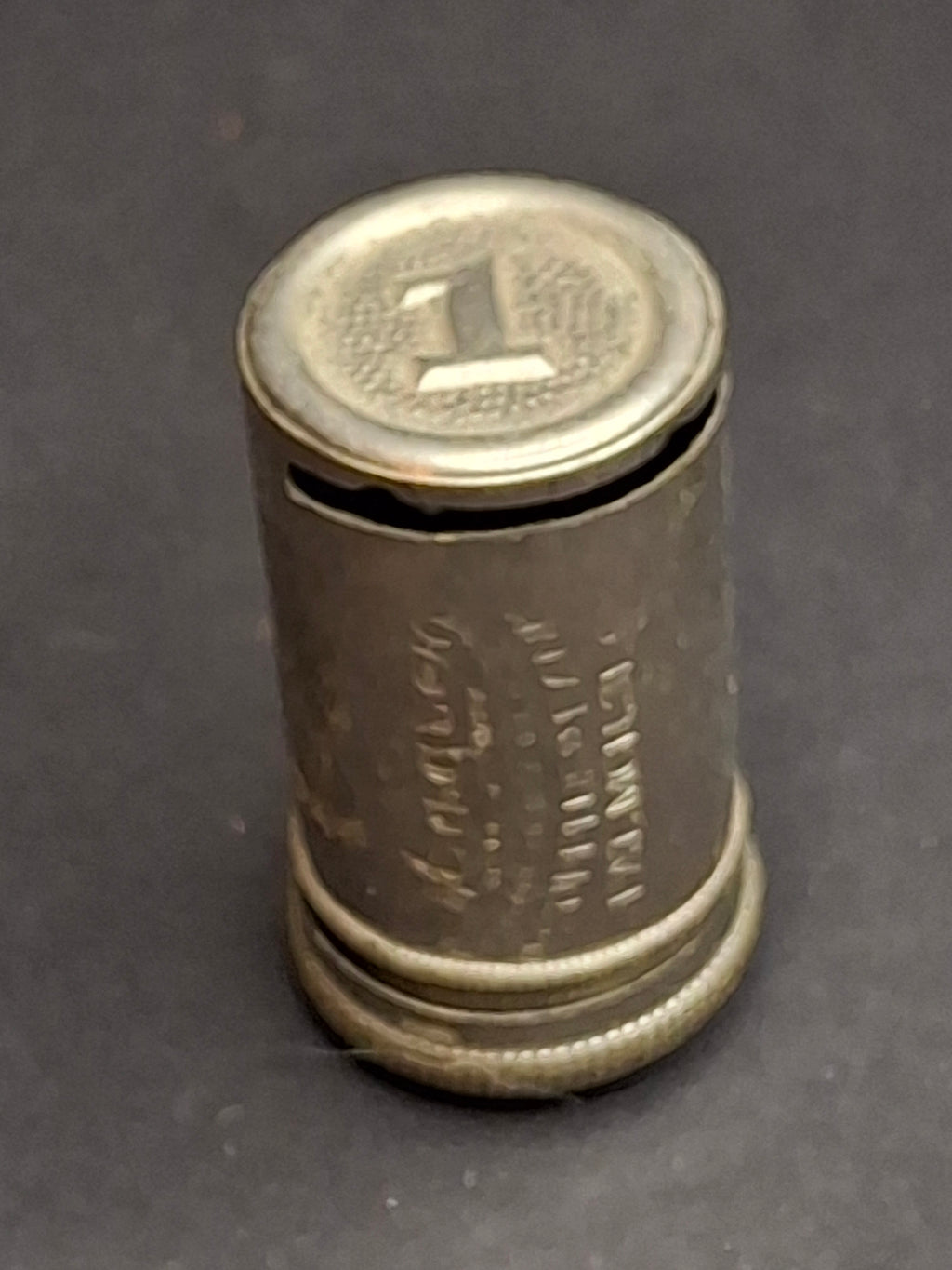 Antique 1891 Magic Introduction Co. "Surplus Bank" Pocket Dime Bank Nickel Plated Brass Pat. Mch. 31, 91 New York Rare Cylindrical Still Bank 1.75"