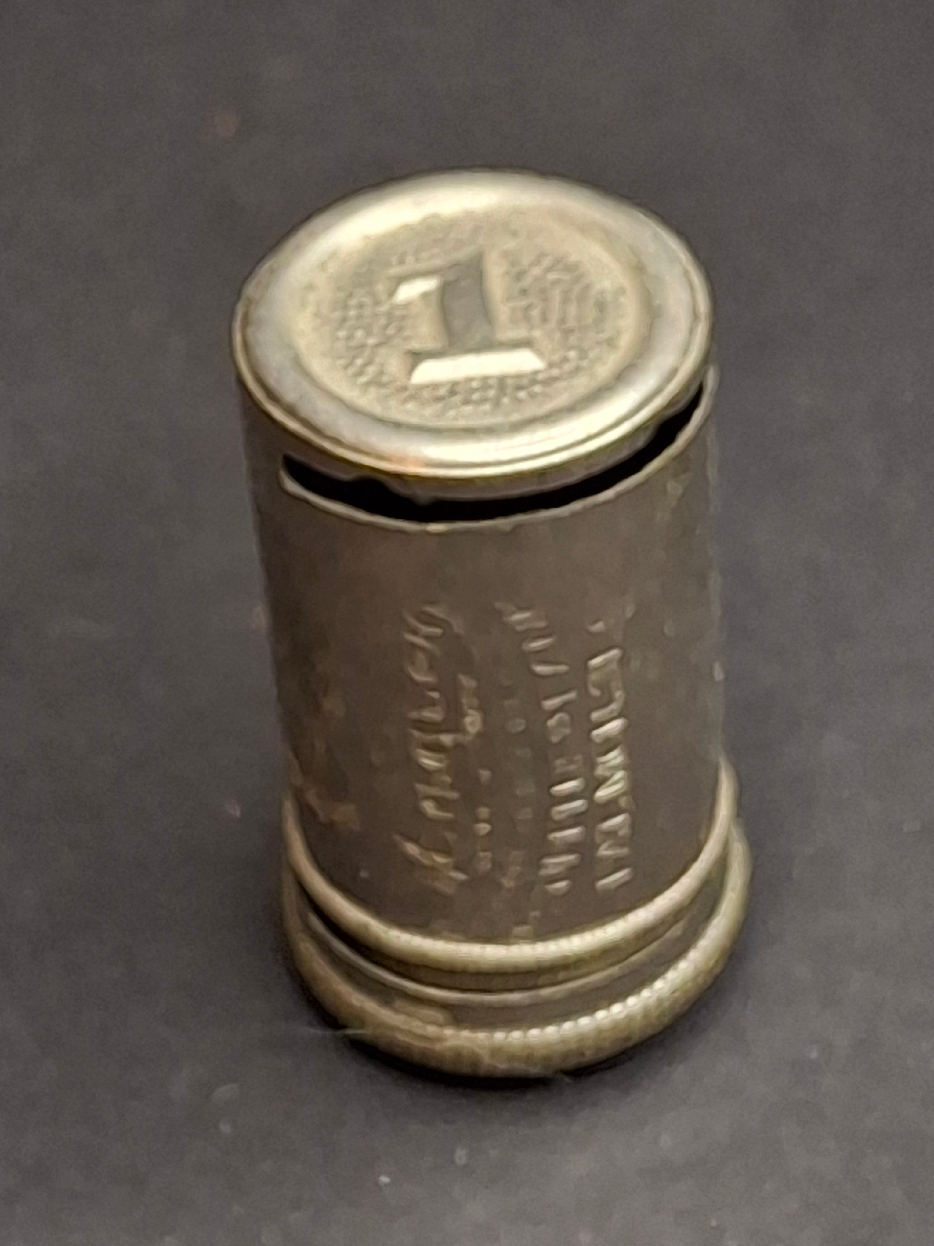Antique 1891 Magic Introduction Co. "Surplus Bank" Pocket Dime Bank Nickel Plated Brass Pat. Mch. 31, 91 New York Rare Cylindrical Still Bank 1.75"