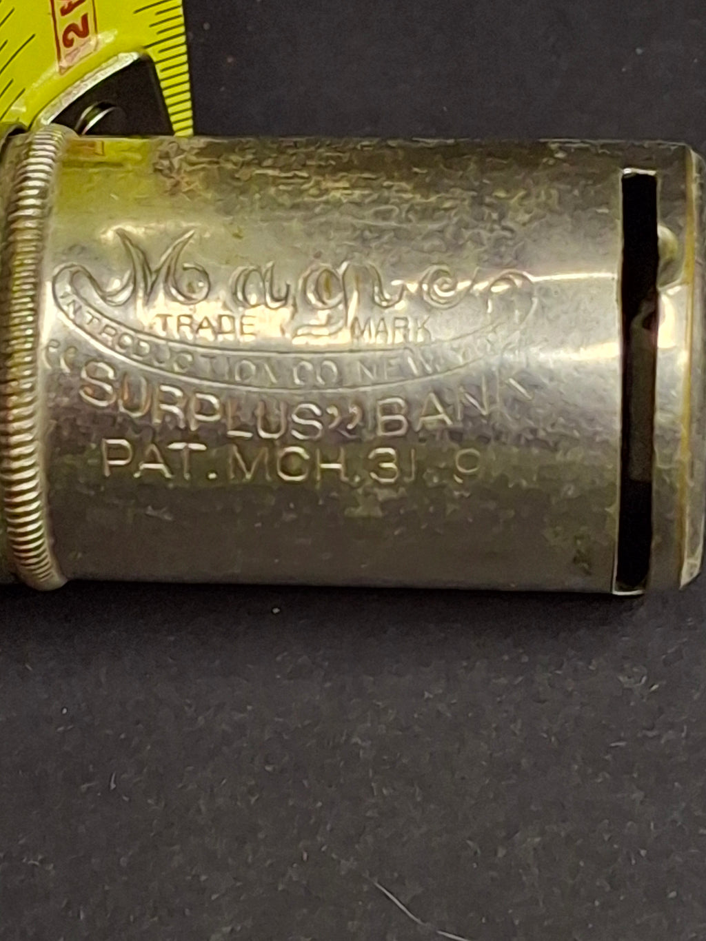 Antique 1891 Magic Introduction Co. "Surplus Bank" Pocket Dime Bank Nickel Plated Brass Pat. Mch. 31, 91 New York Rare Cylindrical Still Bank 1.75"