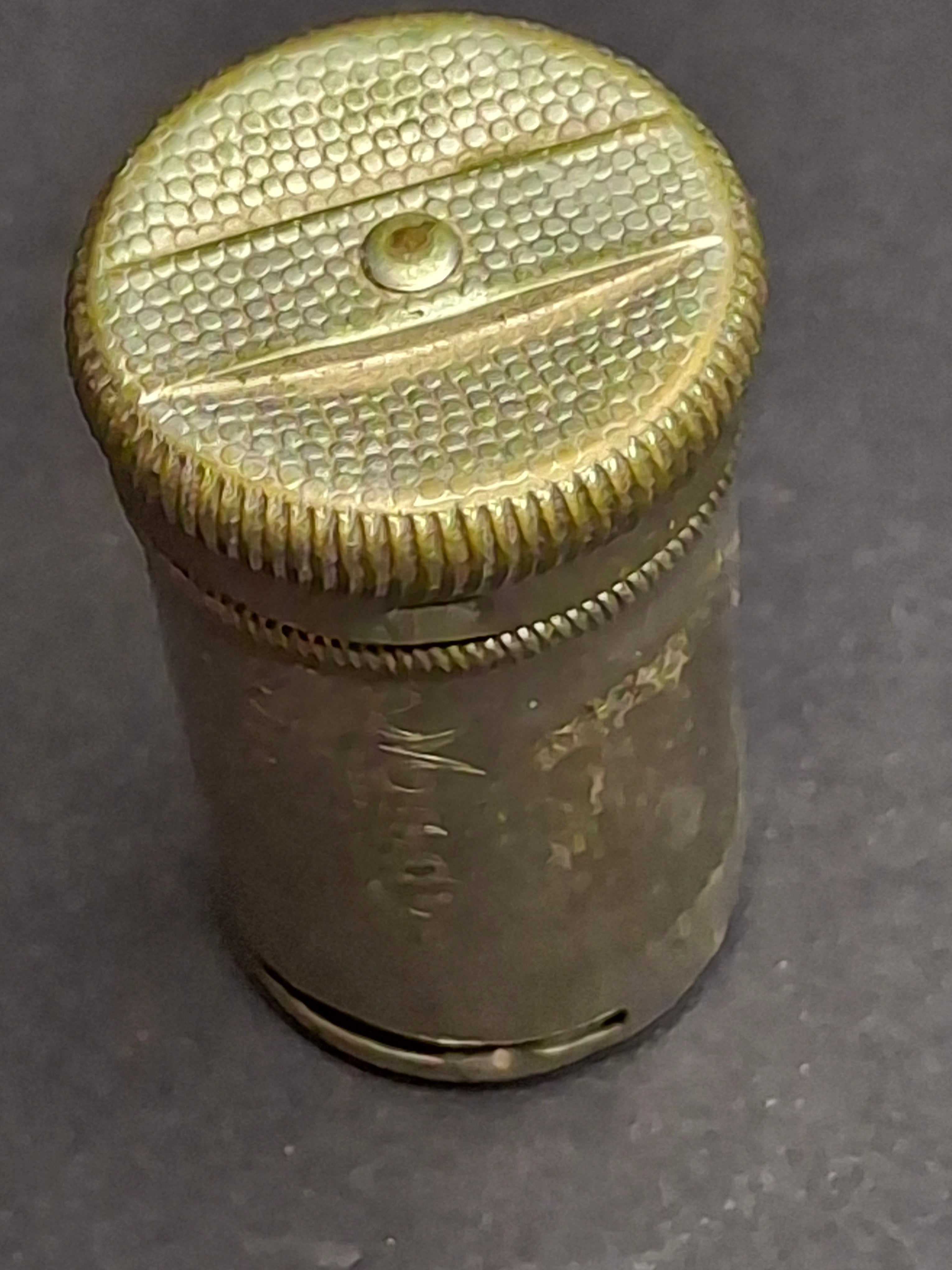 Antique 1891 Magic Introduction Co. "Surplus Bank" Pocket Dime Bank Nickel Plated Brass Pat. Mch. 31, 91 New York Rare Cylindrical Still Bank 1.75"