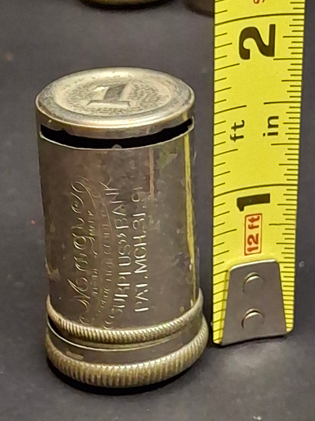 Antique 1891 Magic Introduction Co. "Surplus Bank" Pocket Dime Bank Nickel Plated Brass Pat. Mch. 31, 91 New York Rare Cylindrical Still Bank 1.75"