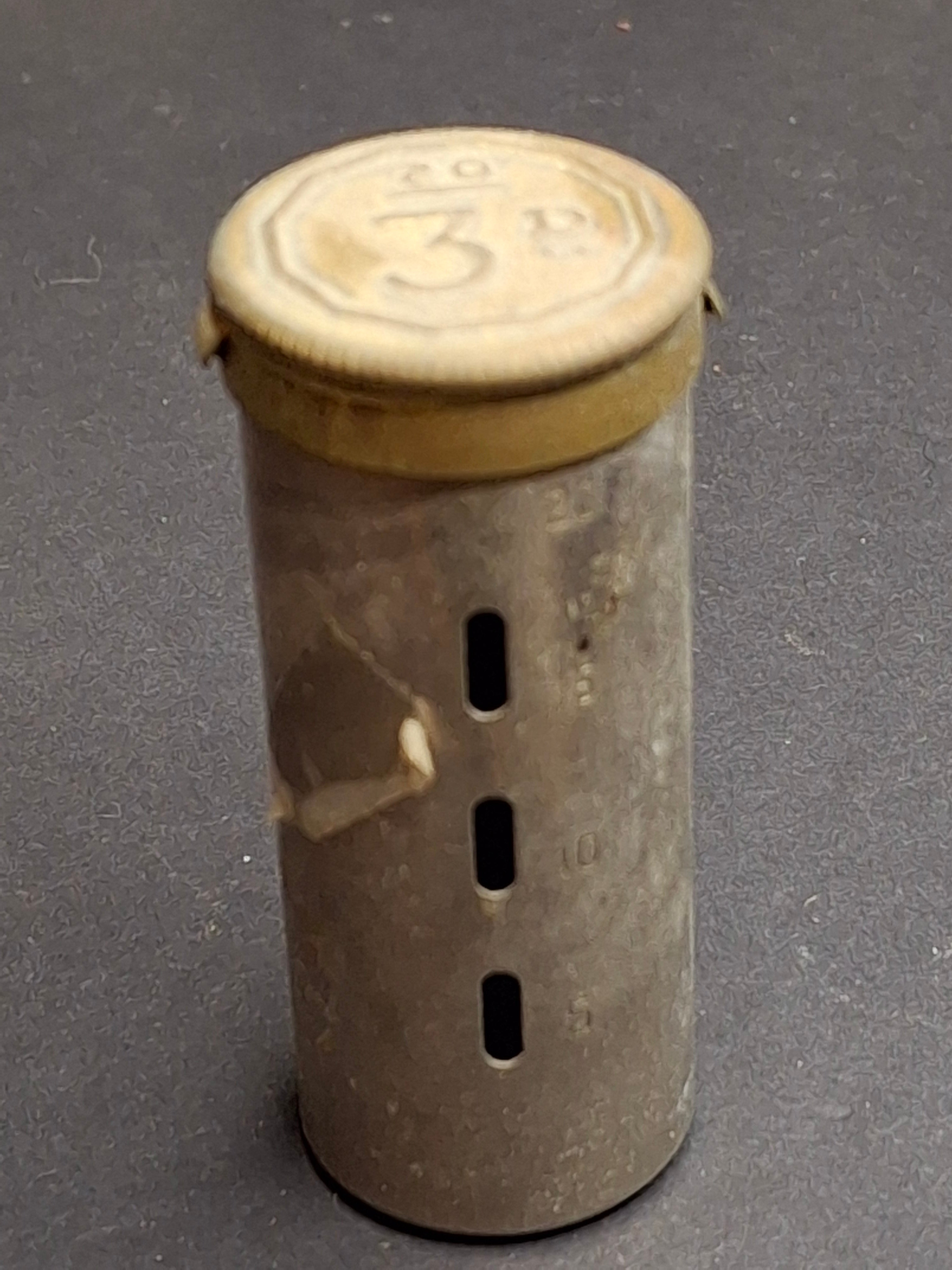 Antique Magic Pocket Savings Bank Threepence 3d Coin Holder Metal Money Box UK