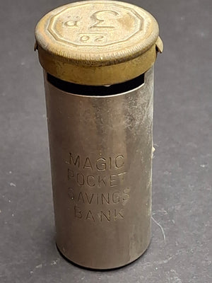 Antique Magic Pocket Savings Bank Threepence 3d Coin Holder Metal Money Box UK