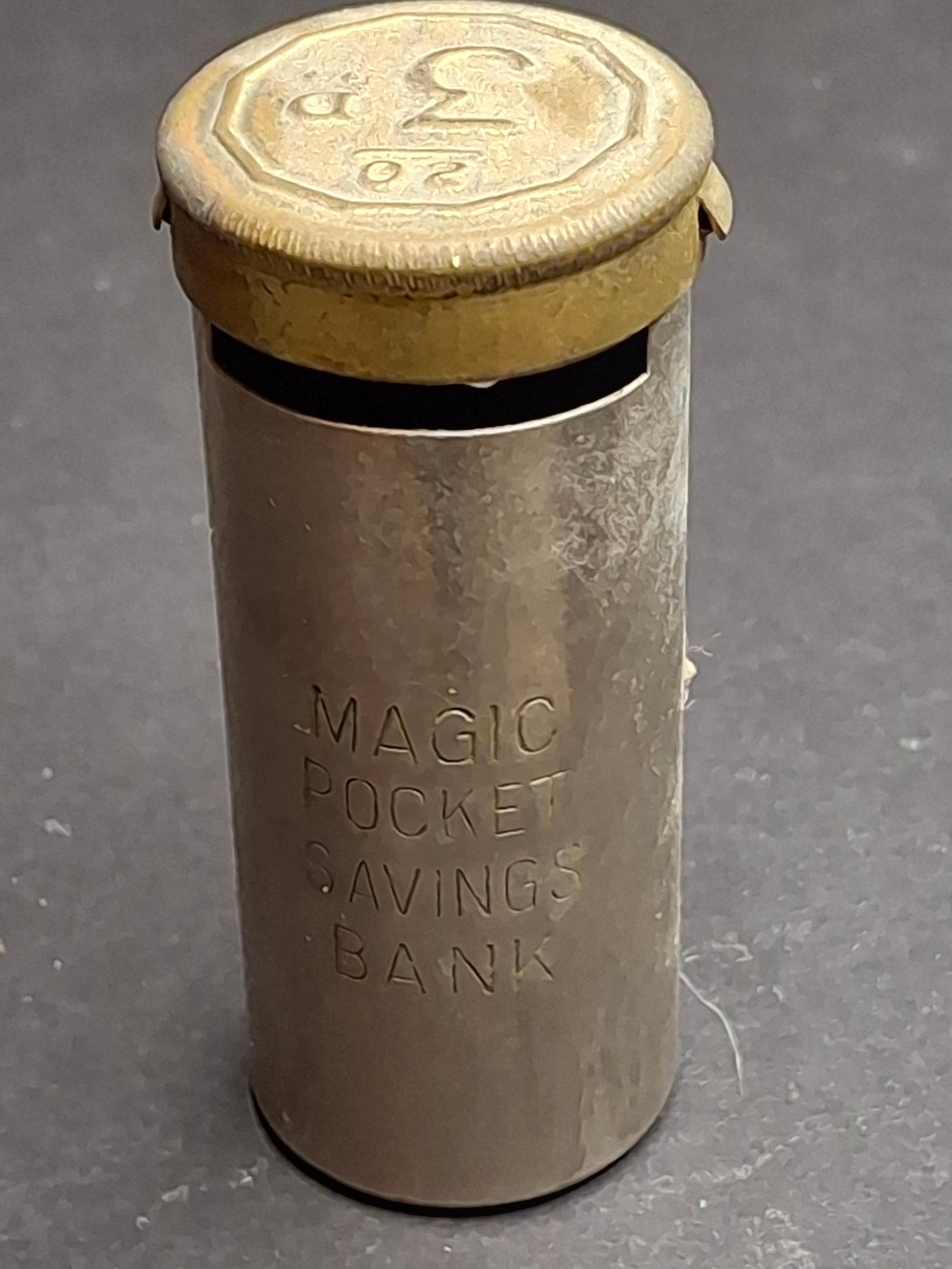 Antique Magic Pocket Savings Bank Threepence 3d Coin Holder Metal Money Box UK