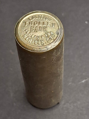 Antique Castelow Trolley Bank Brass Cylinder Coin Collector Meriden CT Pat Apld For c. 1885