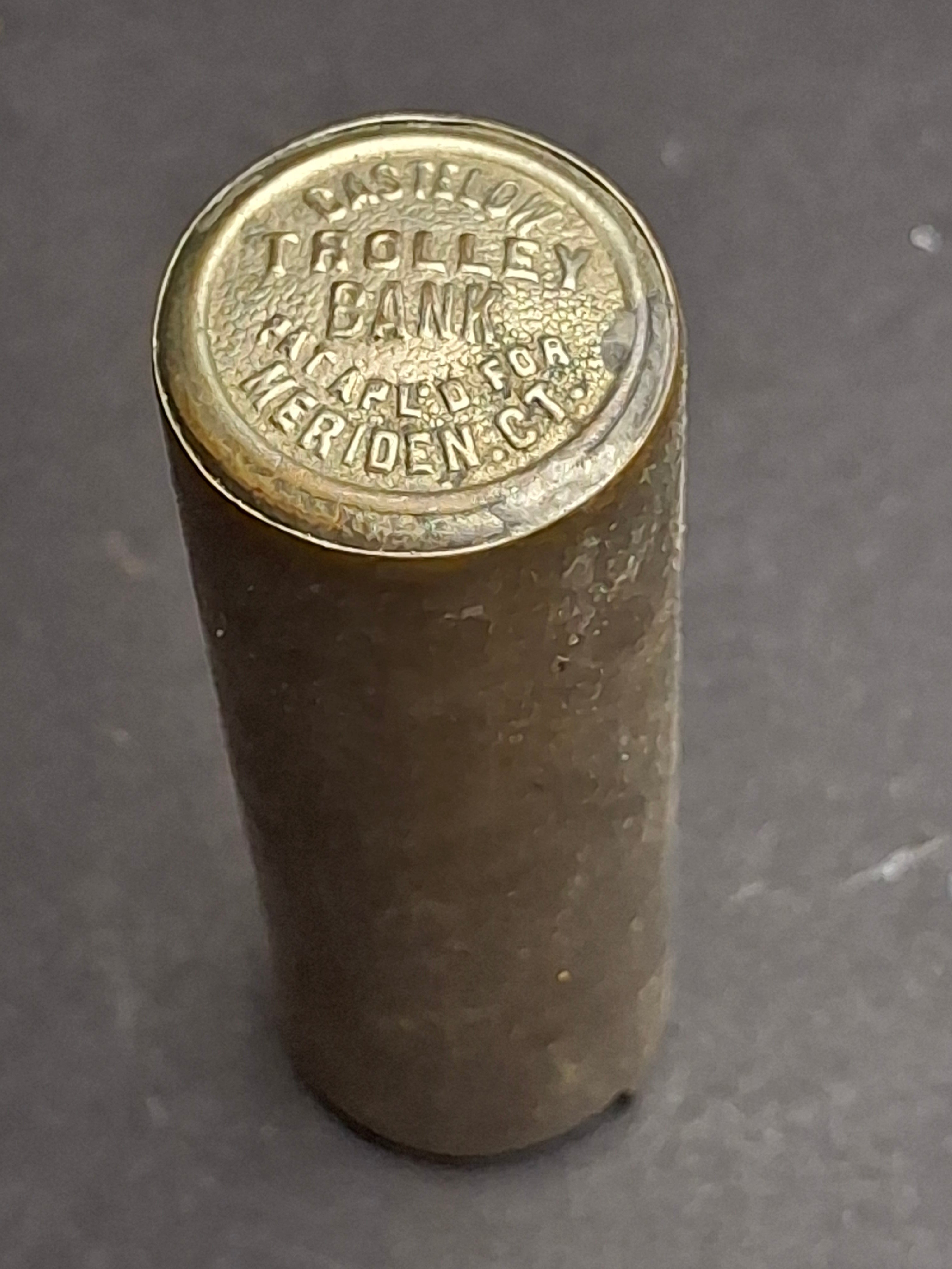 Antique Castelow Trolley Bank Brass Cylinder Coin Collector Meriden CT Pat Apld For c. 1885