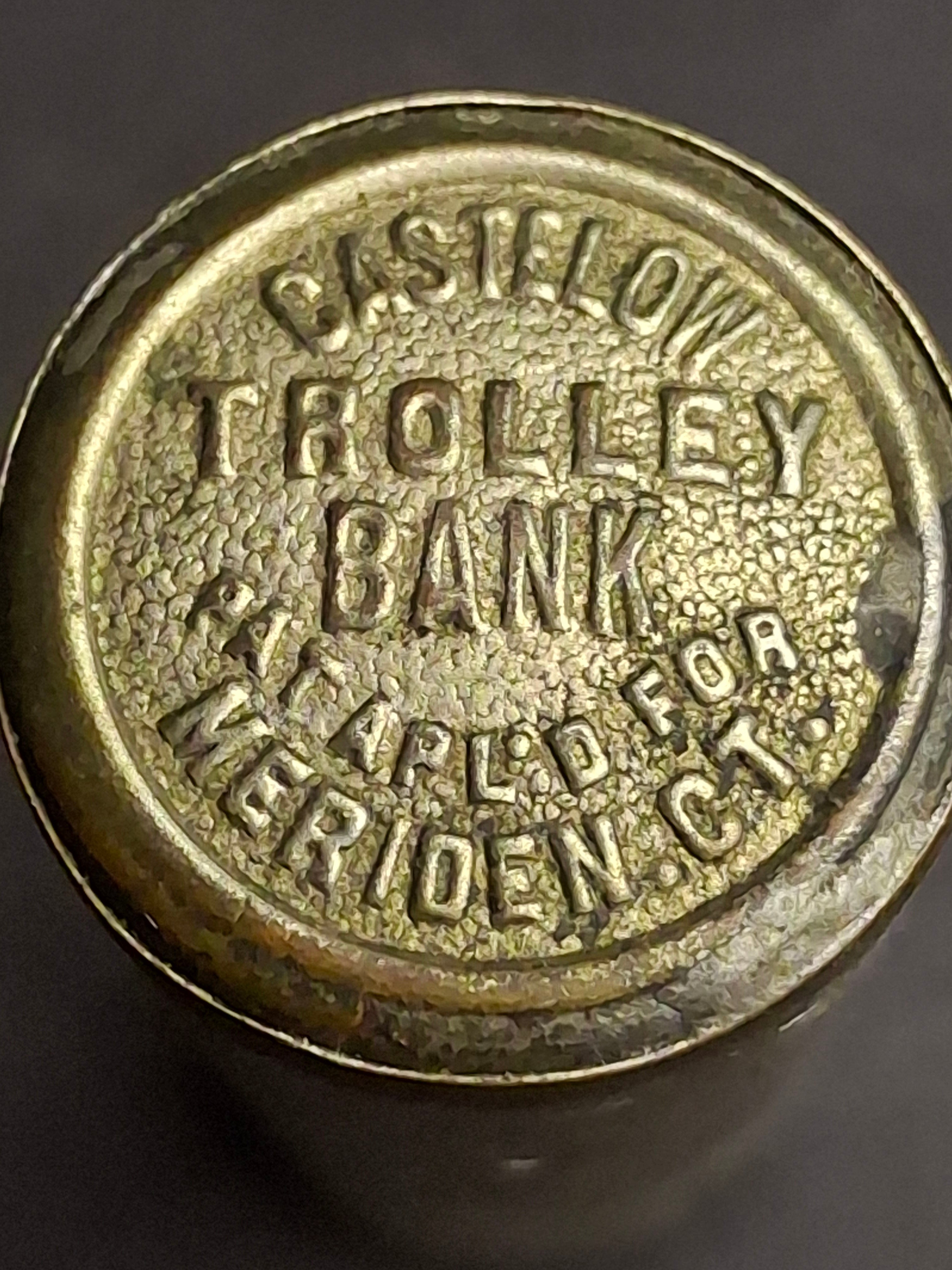 Antique Castelow Trolley Bank Brass Cylinder Coin Collector Meriden CT Pat Apld For c. 1885