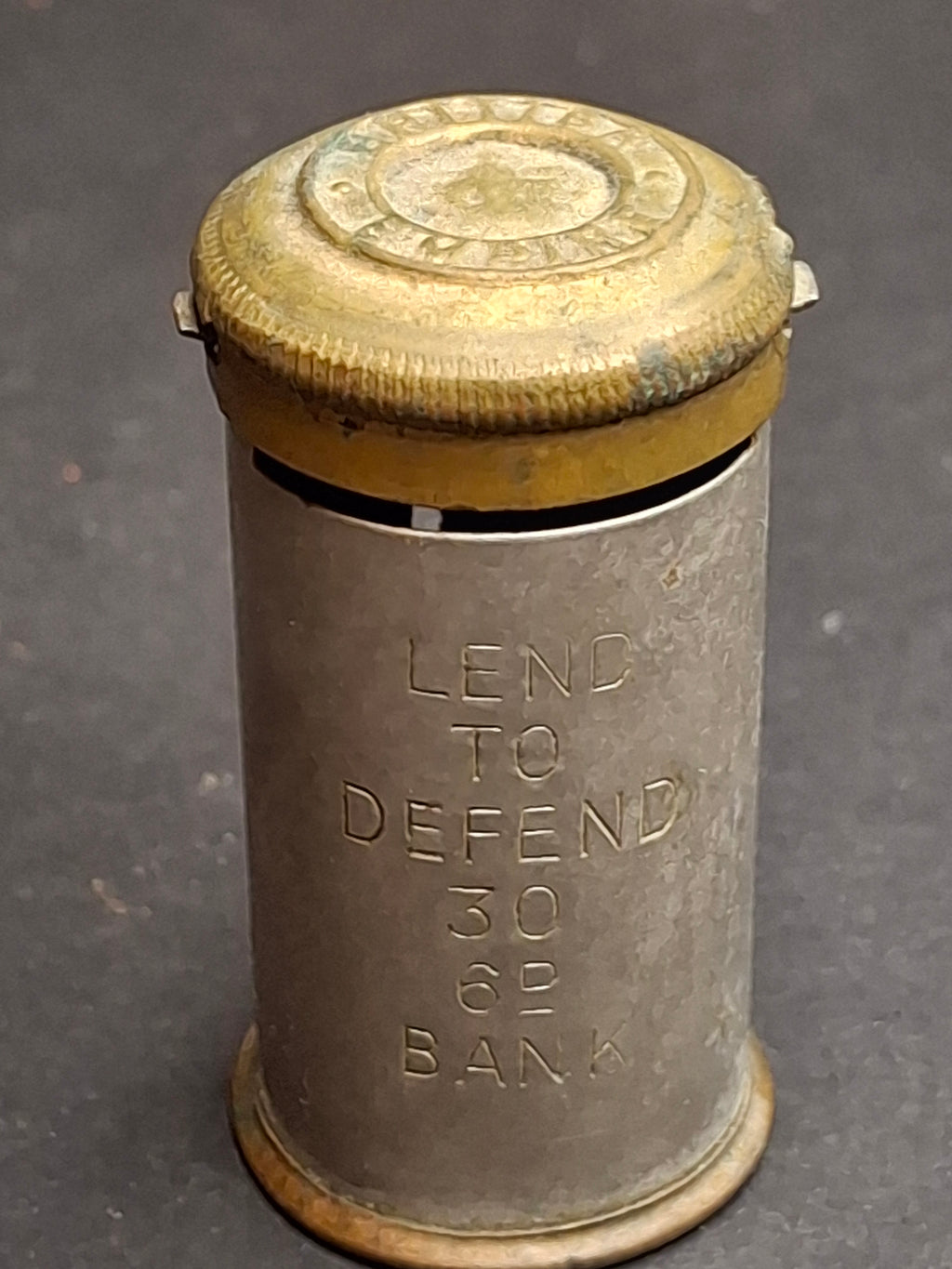 Vintage WWII British Empire "Lend to Defend" 30 Sixpence Pocket Coin Register Bank - National Savings Tin Cylinder 6d Thrift Bank