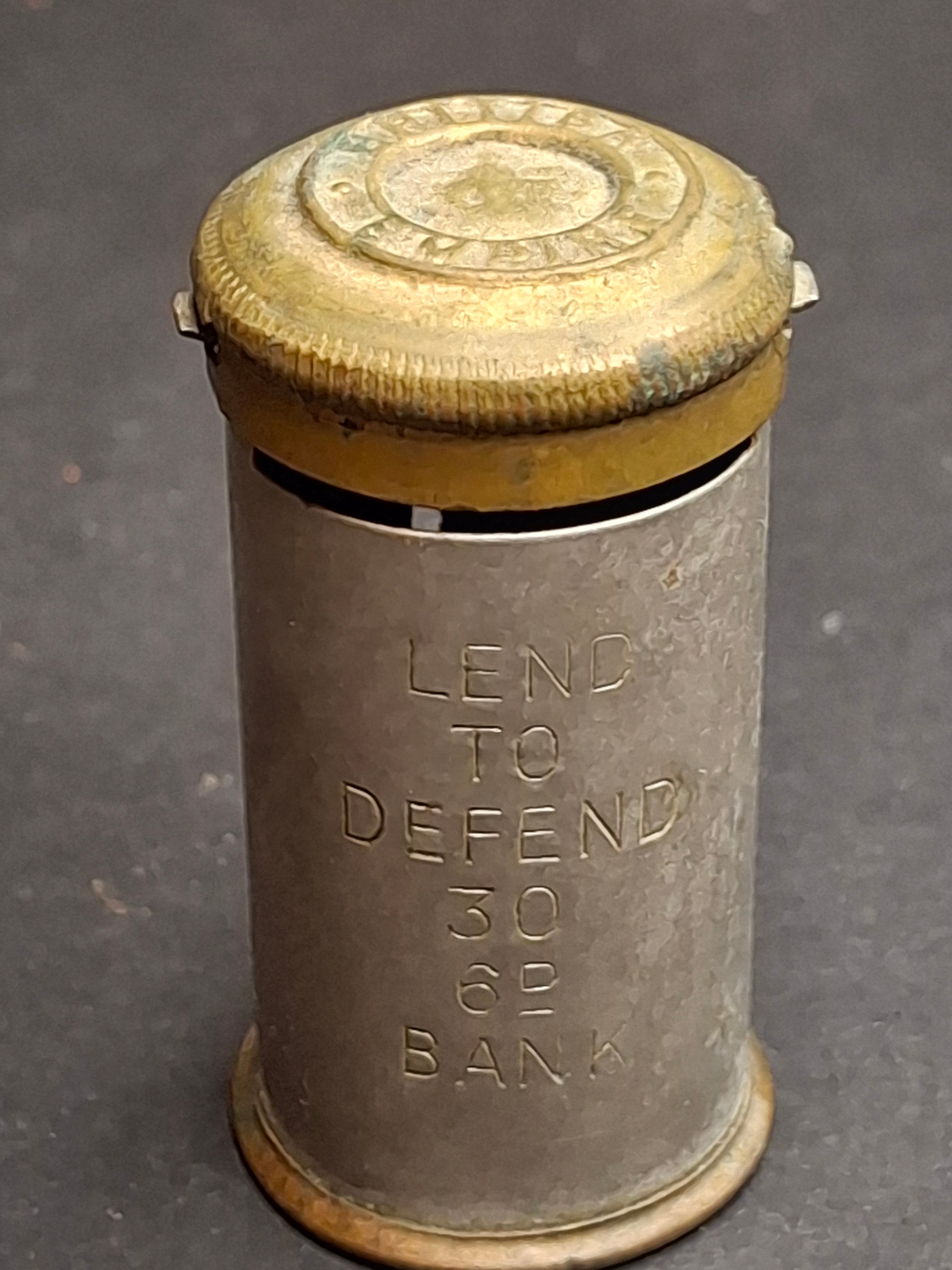 Vintage WWII British Empire "Lend to Defend" 30 Sixpence Pocket Coin Register Bank - National Savings Tin Cylinder 6d Thrift Bank