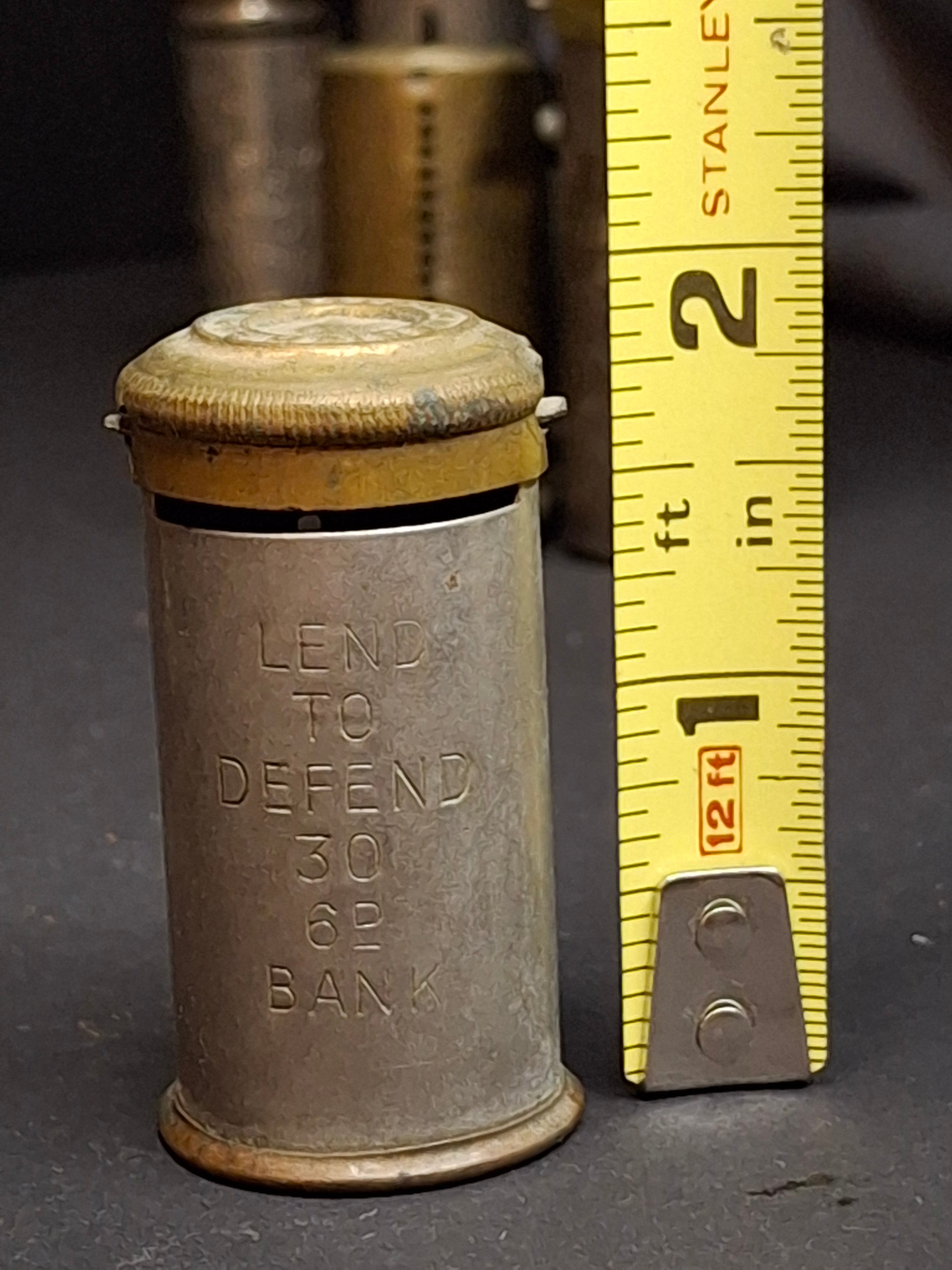 Vintage WWII British Empire "Lend to Defend" 30 Sixpence Pocket Coin Register Bank - National Savings Tin Cylinder 6d Thrift Bank