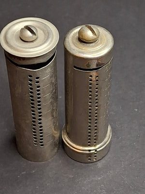 Pair of Antique 1891 Pocket Dime Register Banks – One "Little Gem Bank" NY Patent & One "Be Thrifty" Variant – Holds $5.00 Each