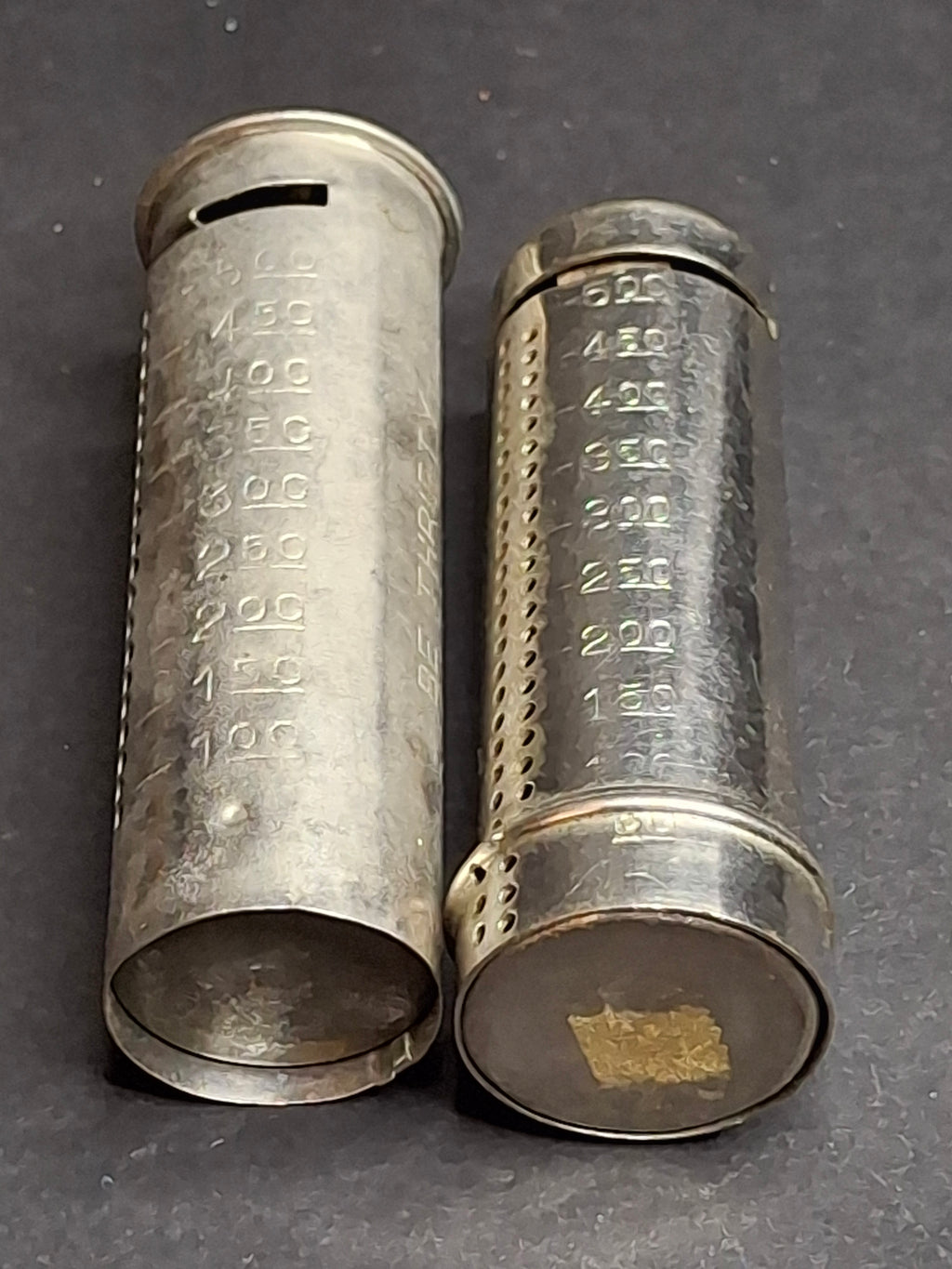 Pair of Antique 1891 Pocket Dime Register Banks – One "Little Gem Bank" NY Patent & One "Be Thrifty" Variant – Holds $5.00 Each