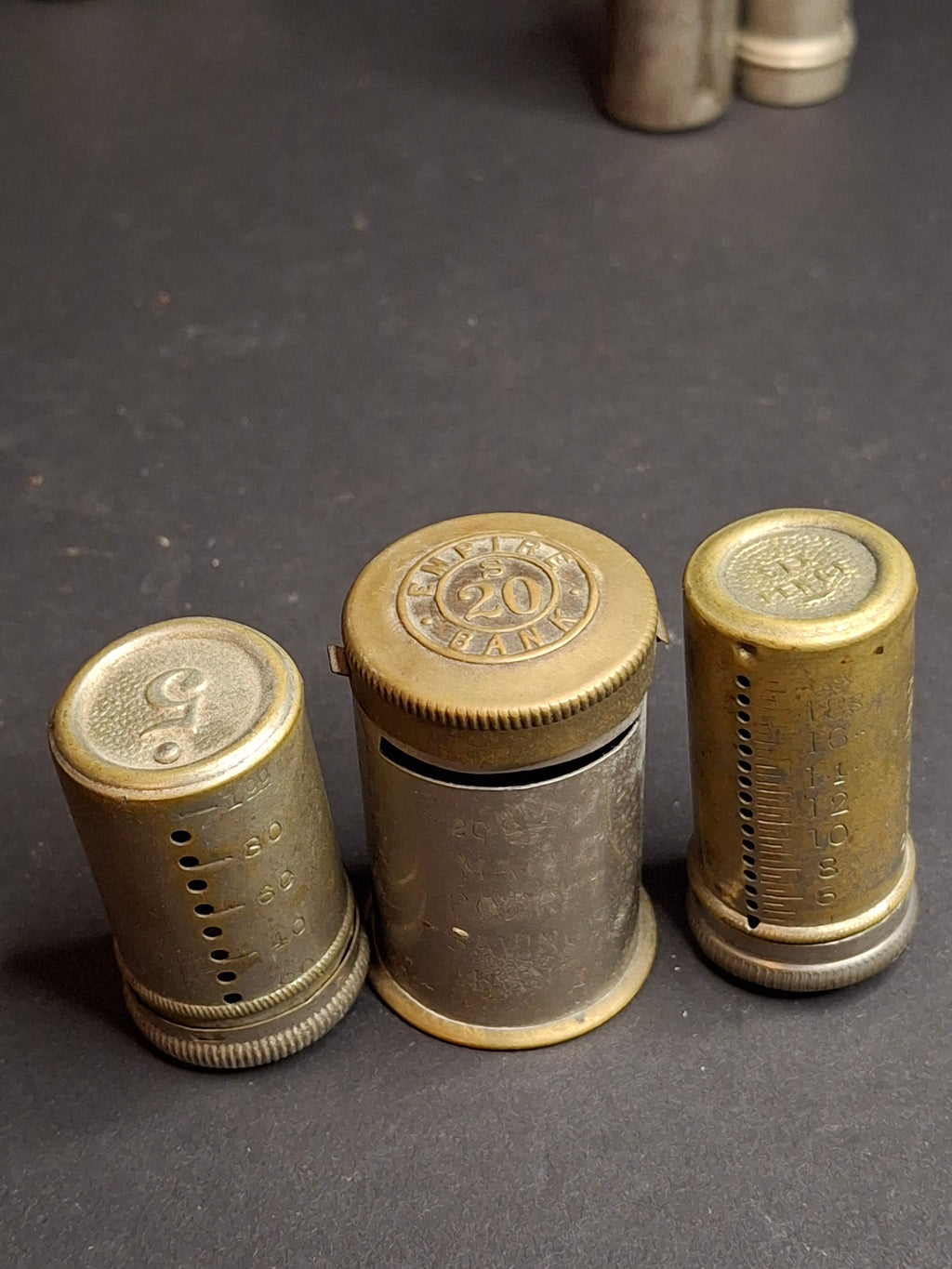 Antique Pocket Savings Bank Lot (3) - 1891 Magic Surplus Bank NY, Empire 20s London, 6d Sixpence Pocket Bank - Victorian Era Mechanical Coin Register Tubes