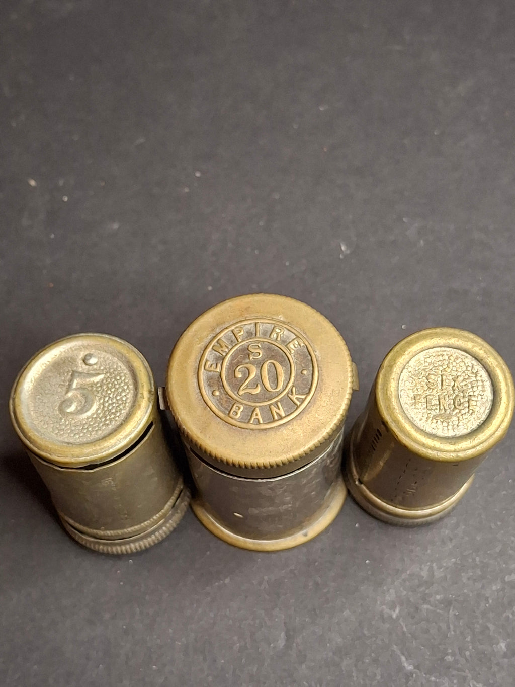 Antique Pocket Savings Bank Lot (3) - 1891 Magic Surplus Bank NY, Empire 20s London, 6d Sixpence Pocket Bank - Victorian Era Mechanical Coin Register Tubes