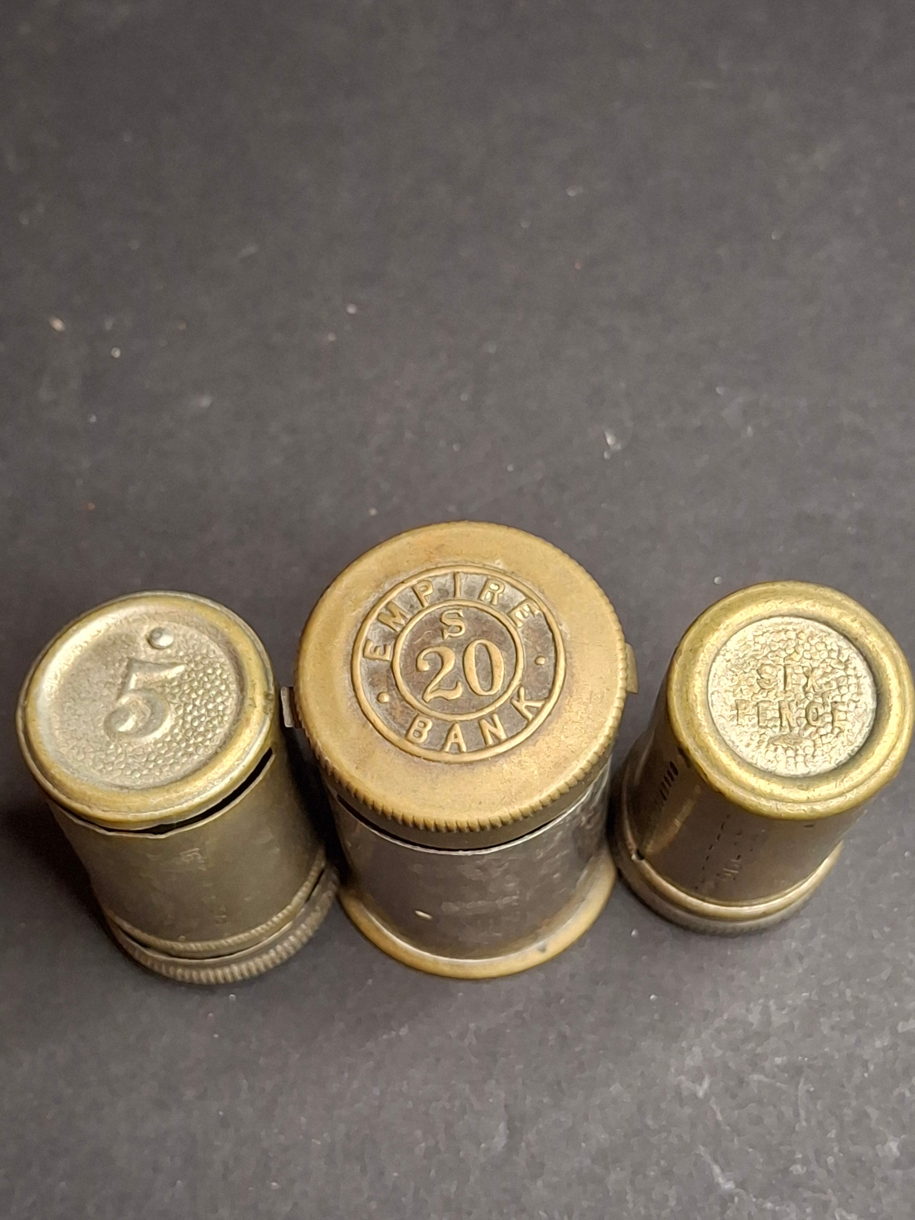 Antique Pocket Savings Bank Lot (3) - 1891 Magic Surplus Bank NY, Empire 20s London, 6d Sixpence Pocket Bank - Victorian Era Mechanical Coin Register Tubes