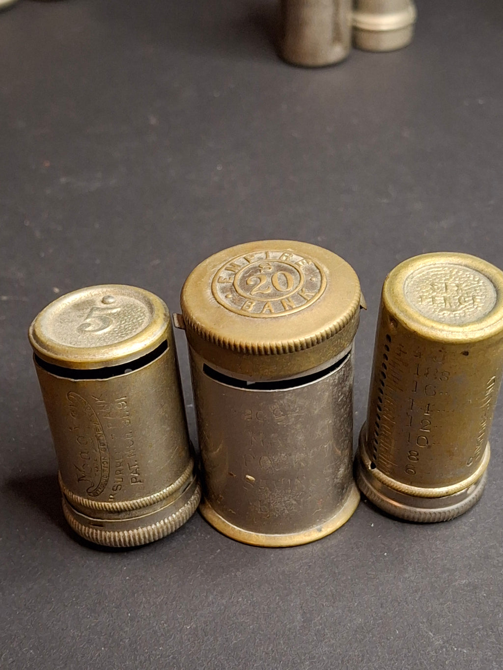 Antique Pocket Savings Bank Lot (3) - 1891 Magic Surplus Bank NY, Empire 20s London, 6d Sixpence Pocket Bank - Victorian Era Mechanical Coin Register Tubes