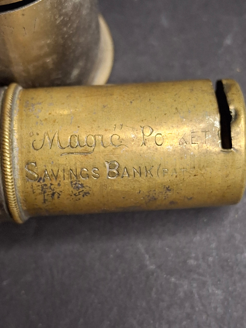 Antique Pocket Savings Bank Lot (3) - 1891 Magic Surplus Bank NY, Empire 20s London, 6d Sixpence Pocket Bank - Victorian Era Mechanical Coin Register Tubes