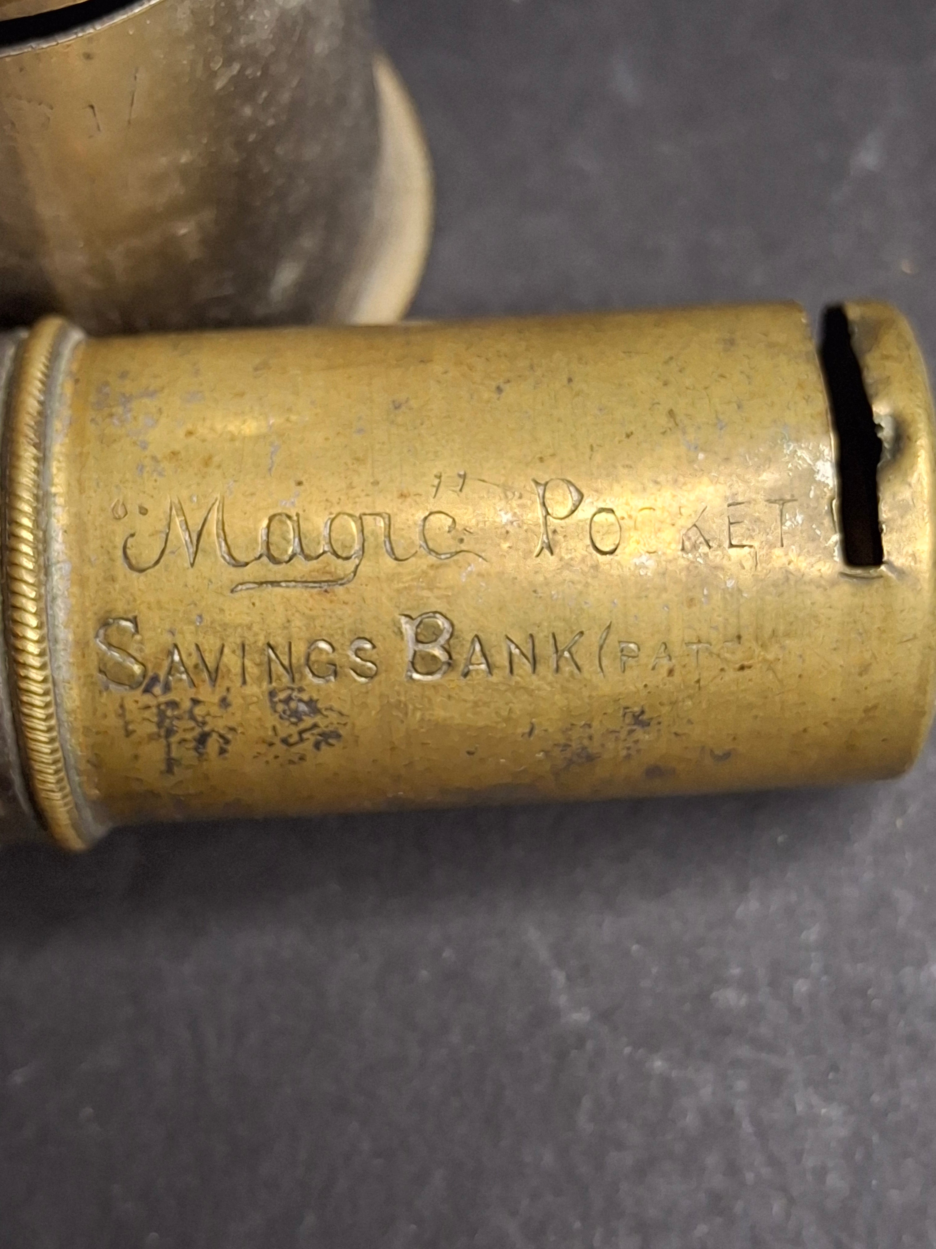 Antique Pocket Savings Bank Lot (3) - 1891 Magic Surplus Bank NY, Empire 20s London, 6d Sixpence Pocket Bank - Victorian Era Mechanical Coin Register Tubes