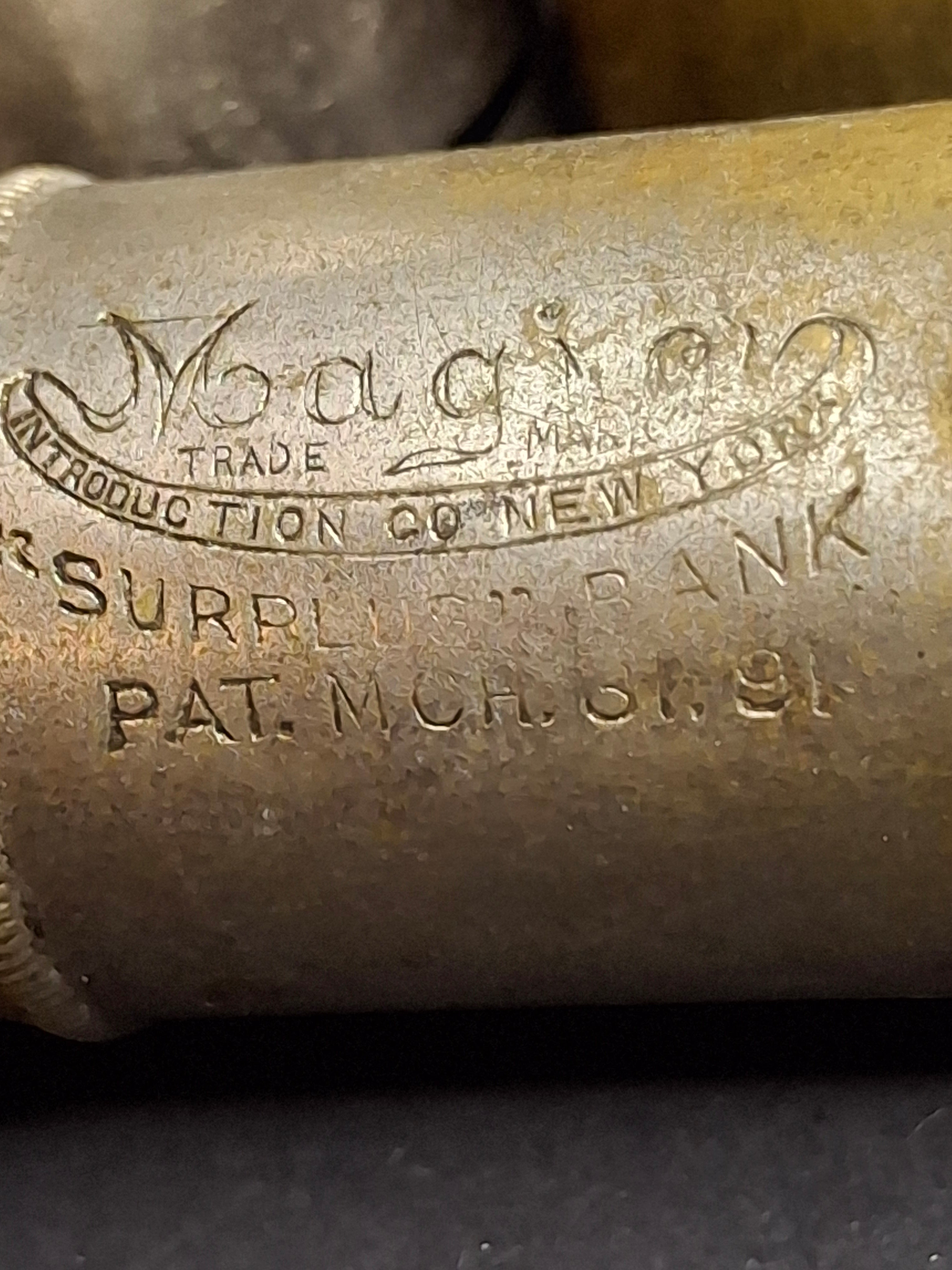 Antique Pocket Savings Bank Lot (3) - 1891 Magic Surplus Bank NY, Empire 20s London, 6d Sixpence Pocket Bank - Victorian Era Mechanical Coin Register Tubes