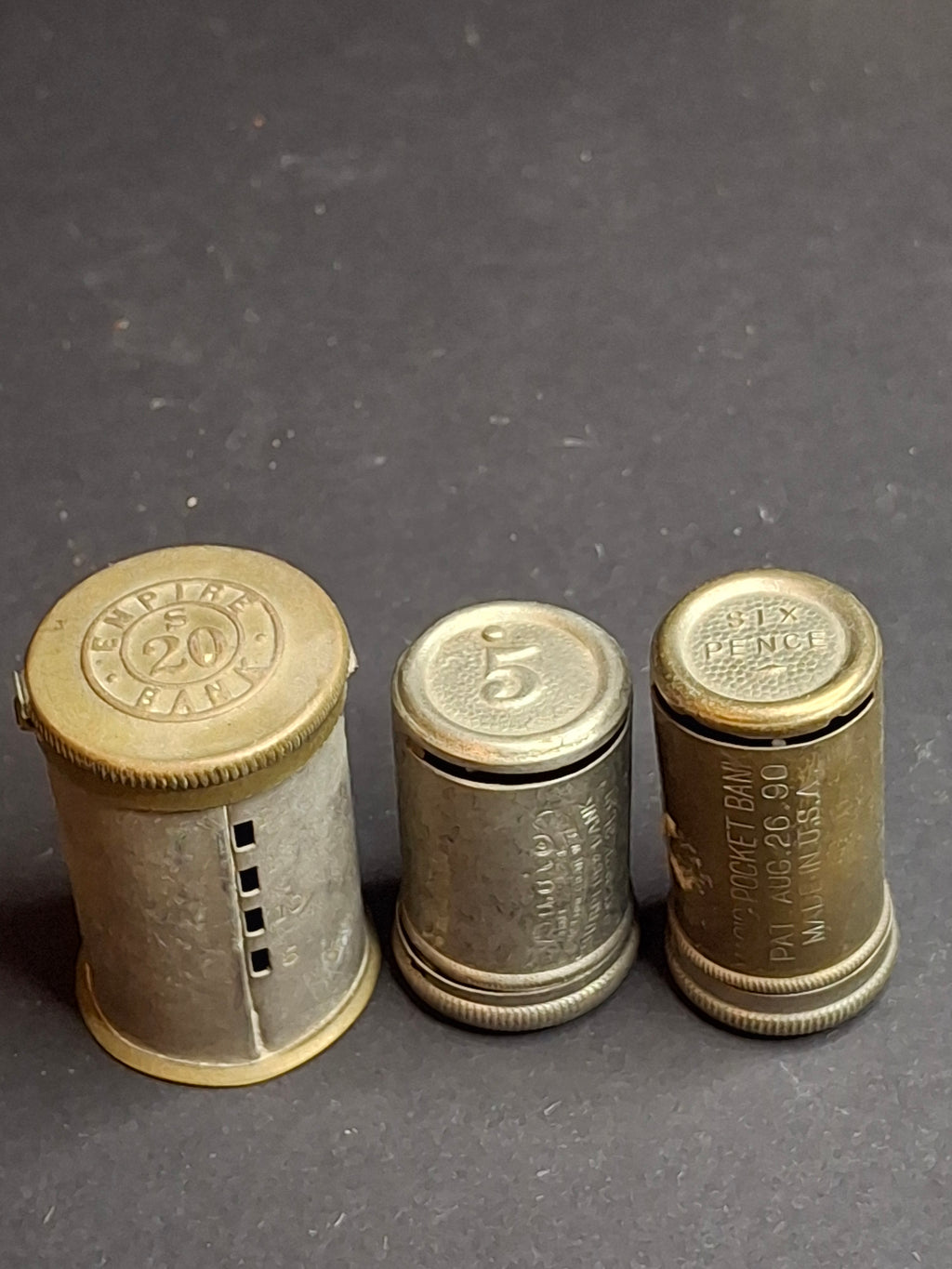 Antique Magic Introduction Co Vest Pocket Savings Banks Trio - Magic Surplus, Empire & Six Pence C. 1890-1892