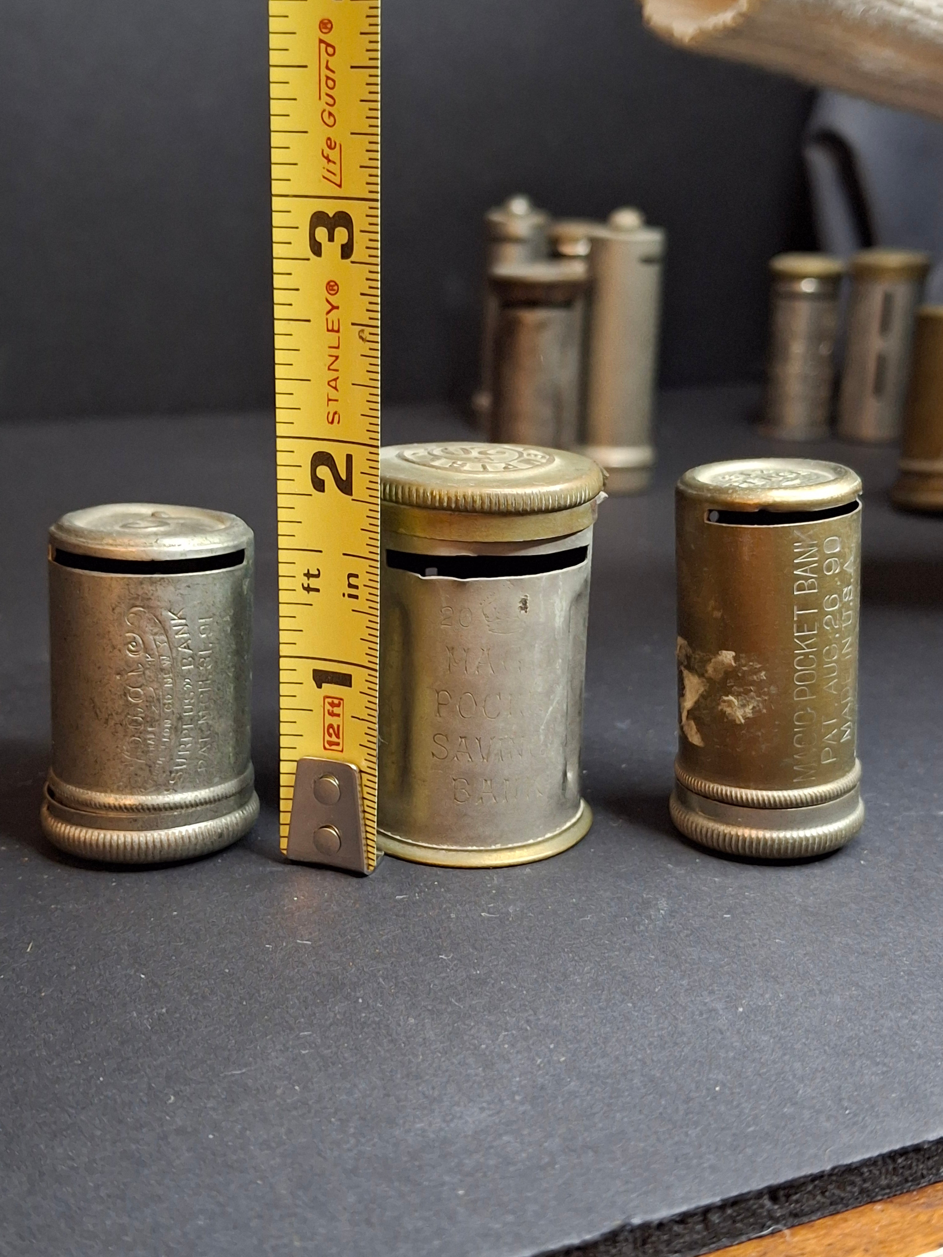 Antique Magic Introduction Co Vest Pocket Savings Banks Trio - Magic Surplus, Empire & Six Pence C. 1890-1892