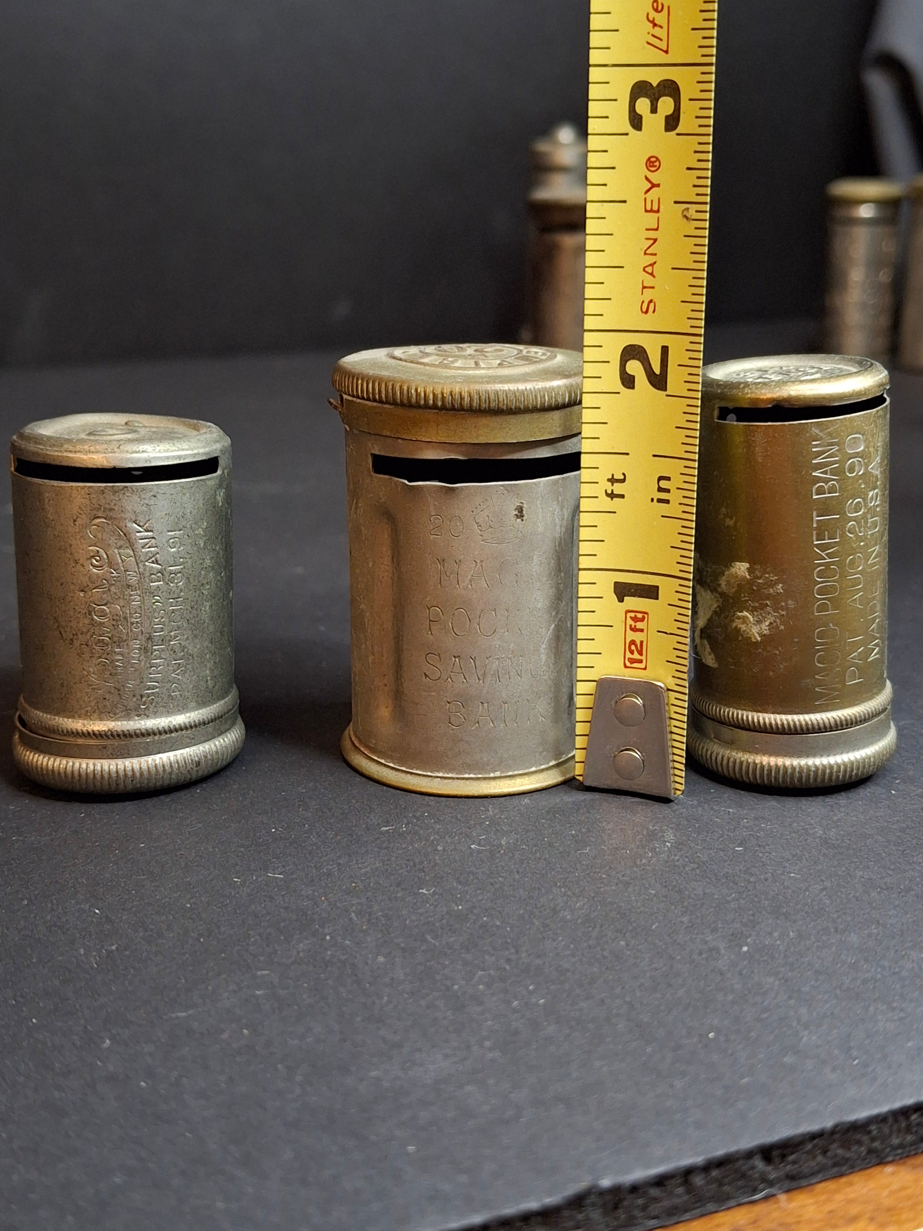 Antique Magic Introduction Co Vest Pocket Savings Banks Trio - Magic Surplus, Empire & Six Pence C. 1890-1892